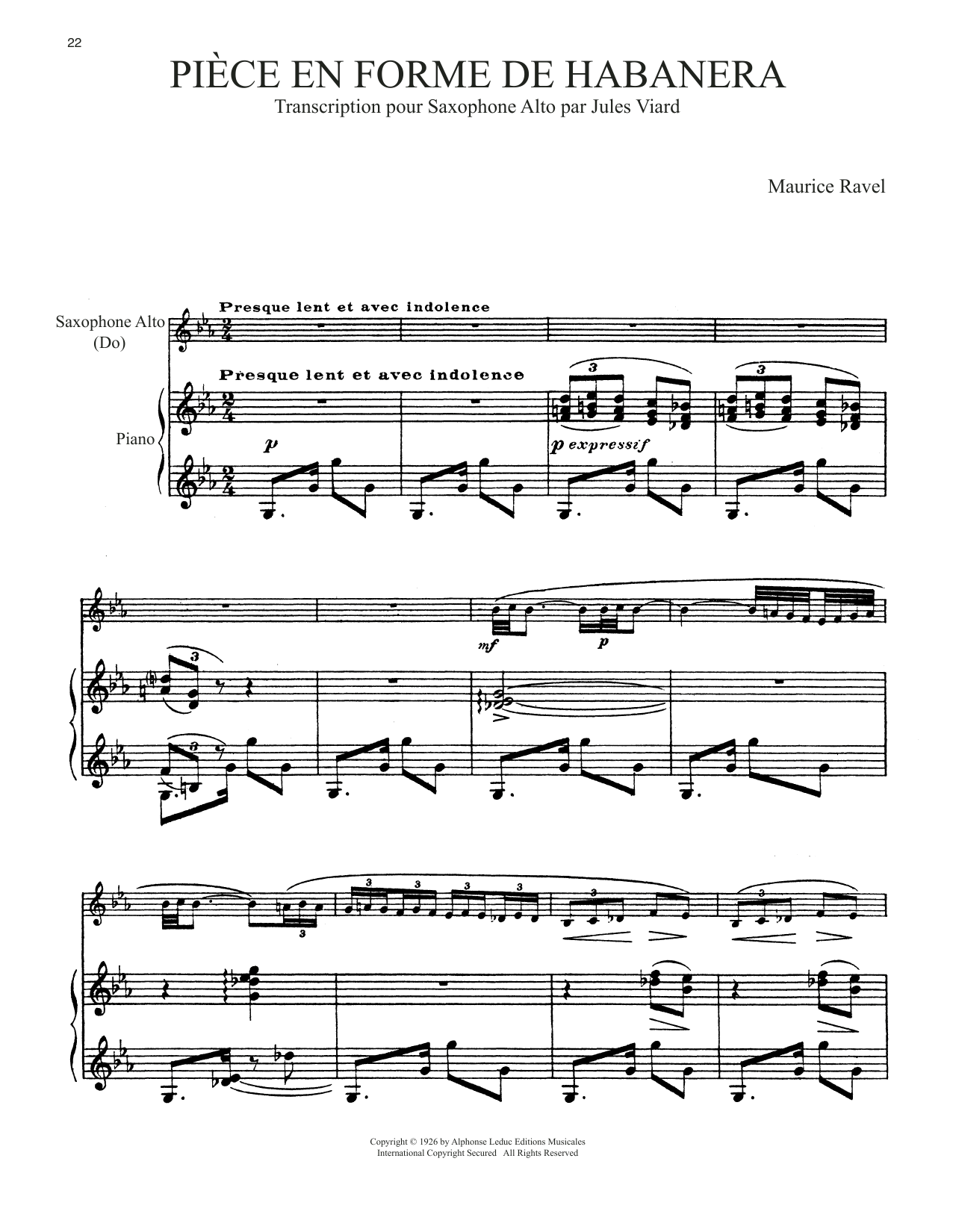 Piece En Forme De Habanera (Alto Sax and Piano) von Maurice Ravel