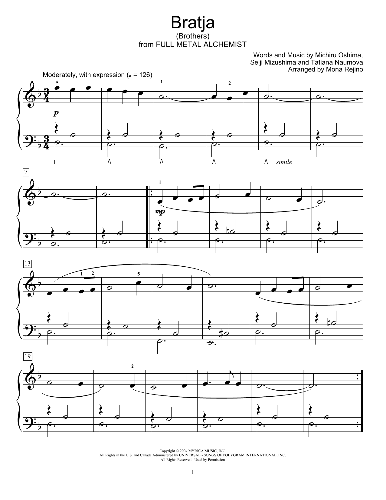 Bratja (Brothers) (from Full Metal Alchemist) (arr. Mona Rejino) (Educational Piano) von Michiru Oshima, Seiji Mizushima and Tatiana Naumova