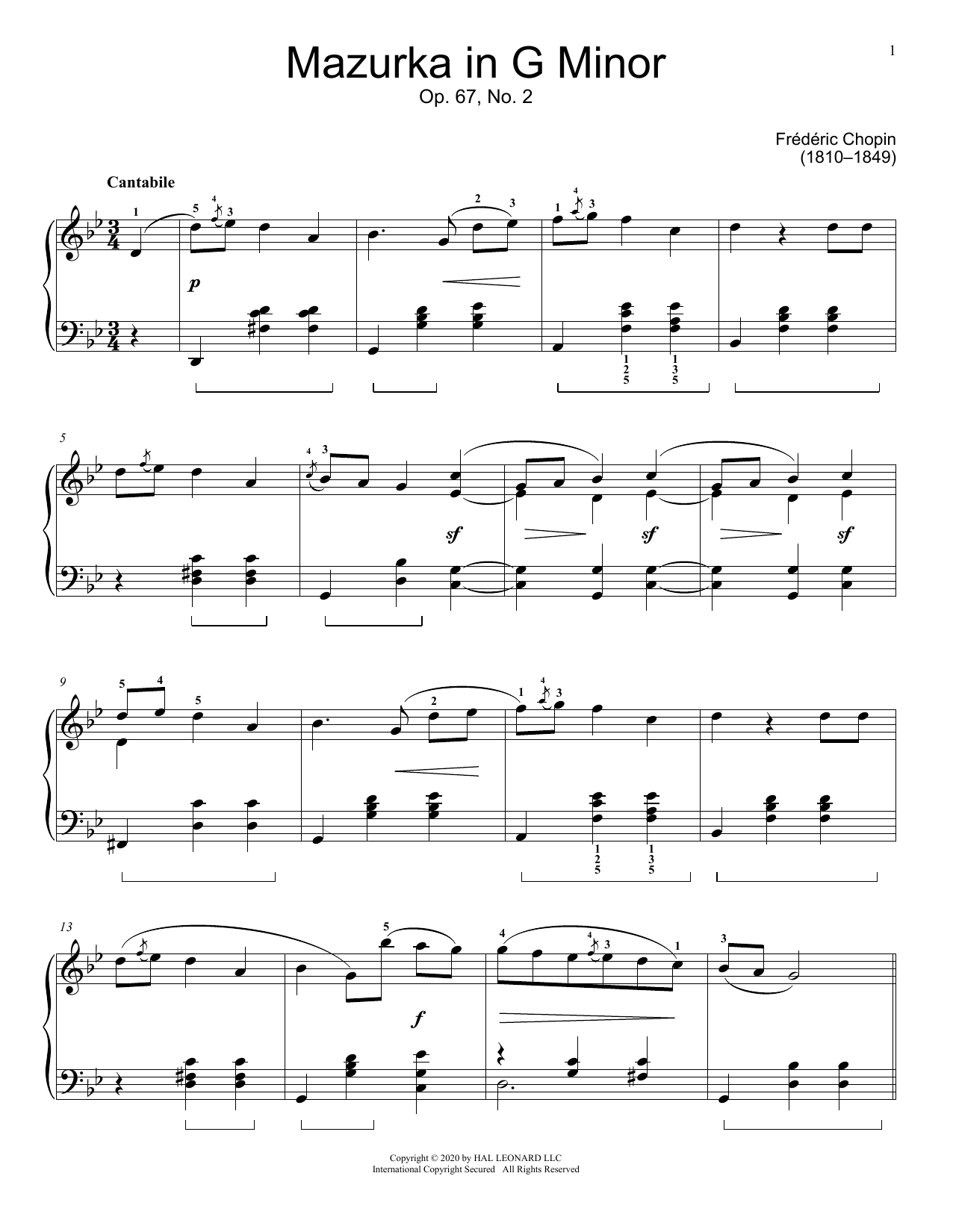 Mazurka, Op. 67, No. 2 (Educational Piano) von Frederic Chopin