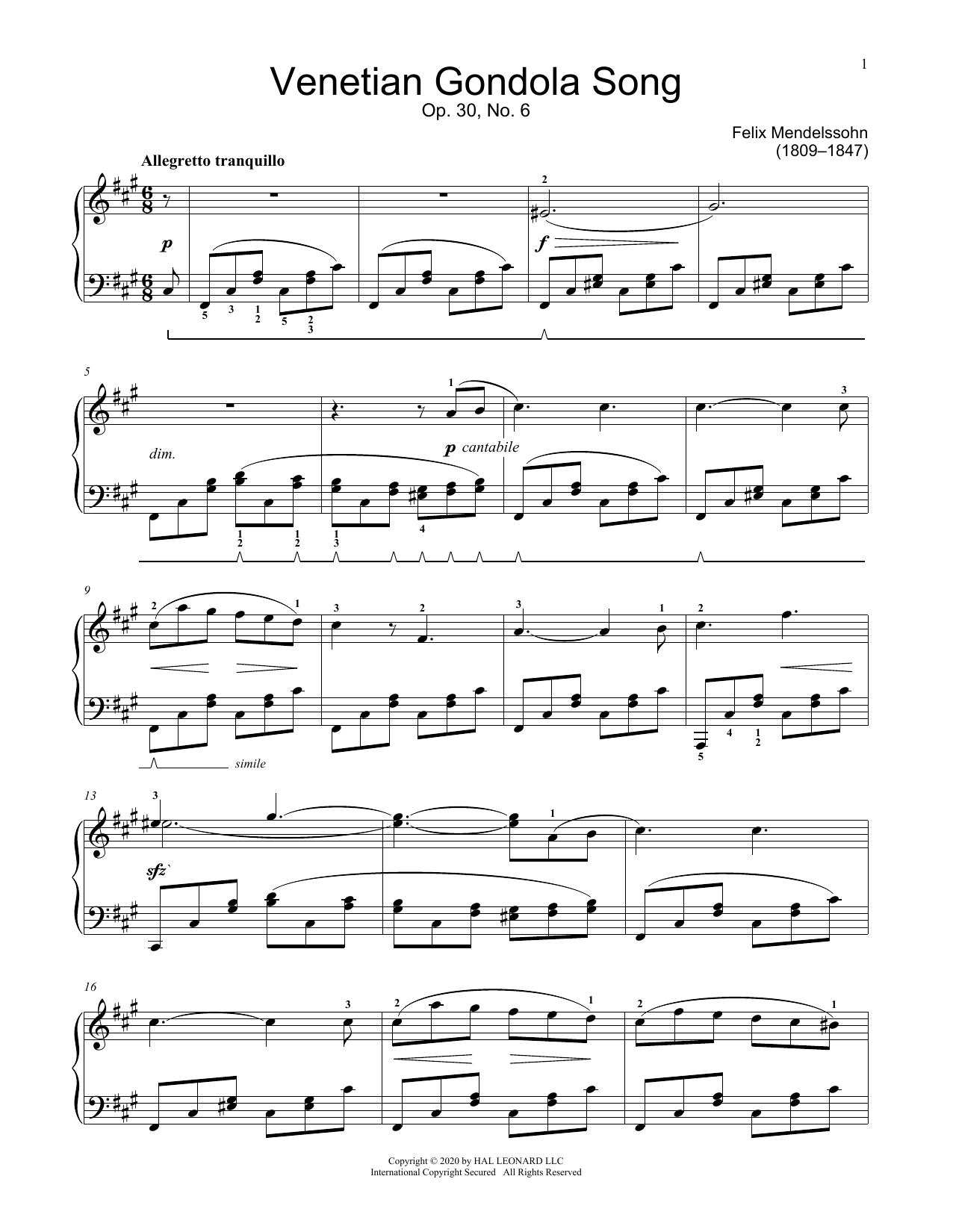 Venetian Boat Song, Op. 30, No. 6 (Educational Piano) von Felix Mendelssohn