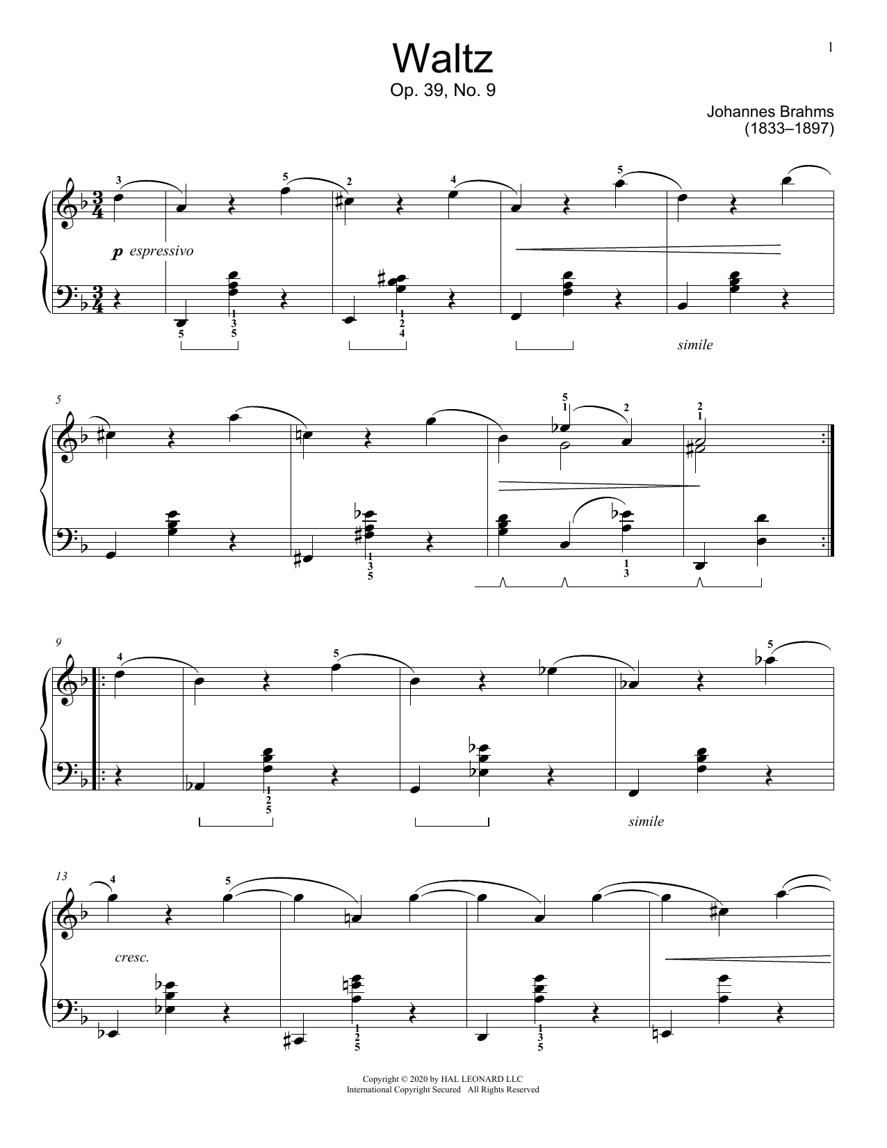 Waltz, Op. 39, No. 9 (Educational Piano) von Johannes Brahms