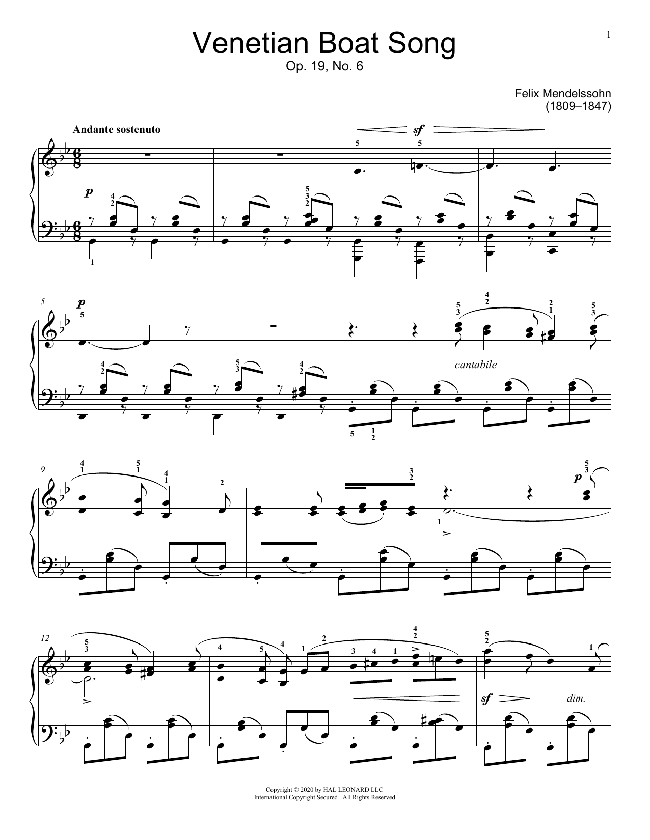 Venetian Boat Song, Op. 19, No. 6 (Educational Piano) von Felix Mendelssohn