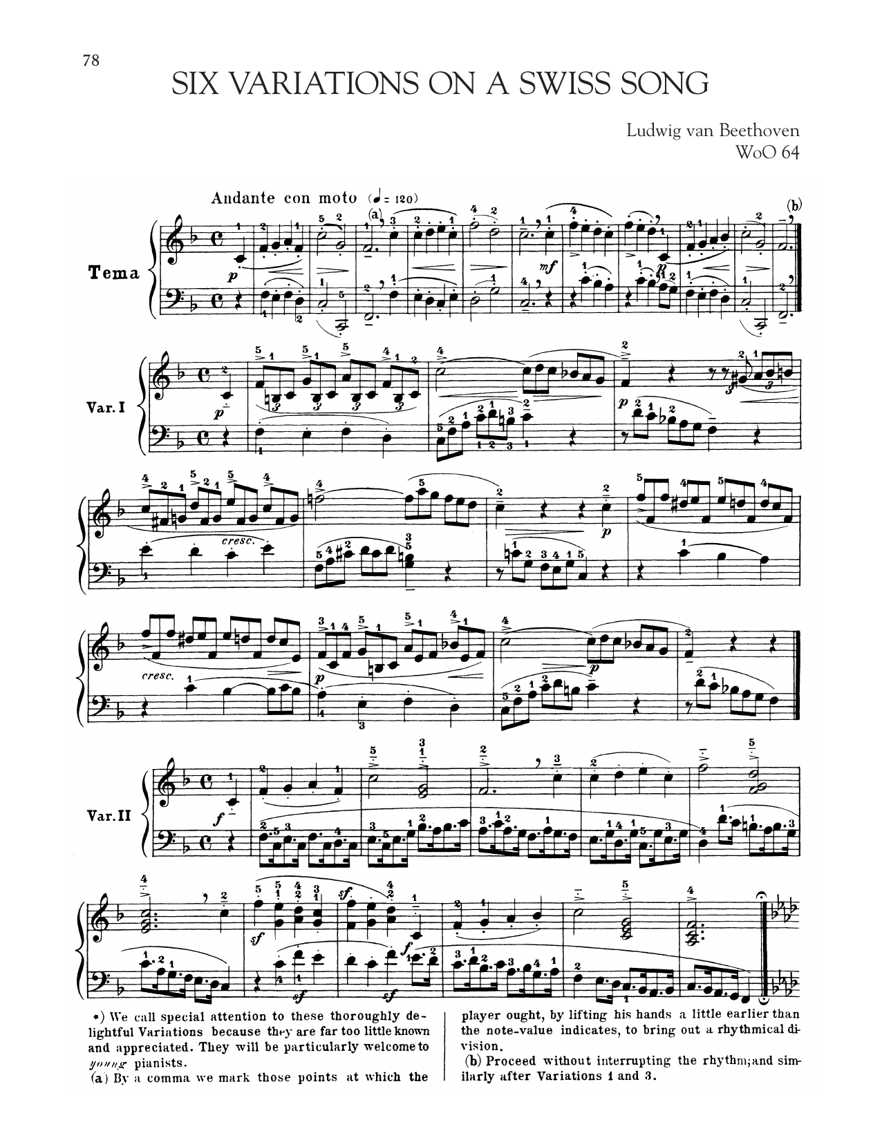Six Variations On A Swiss Song, WoO 64 (Piano Solo) von Ludwig van Beethoven