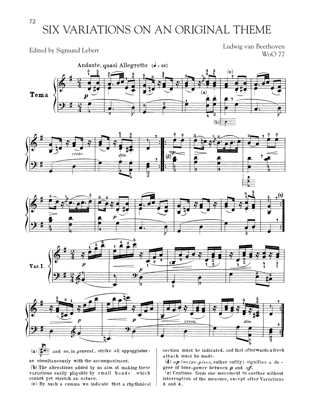 Six Easy Variations In G Major (Piano Solo) von Ludwig van Beethoven