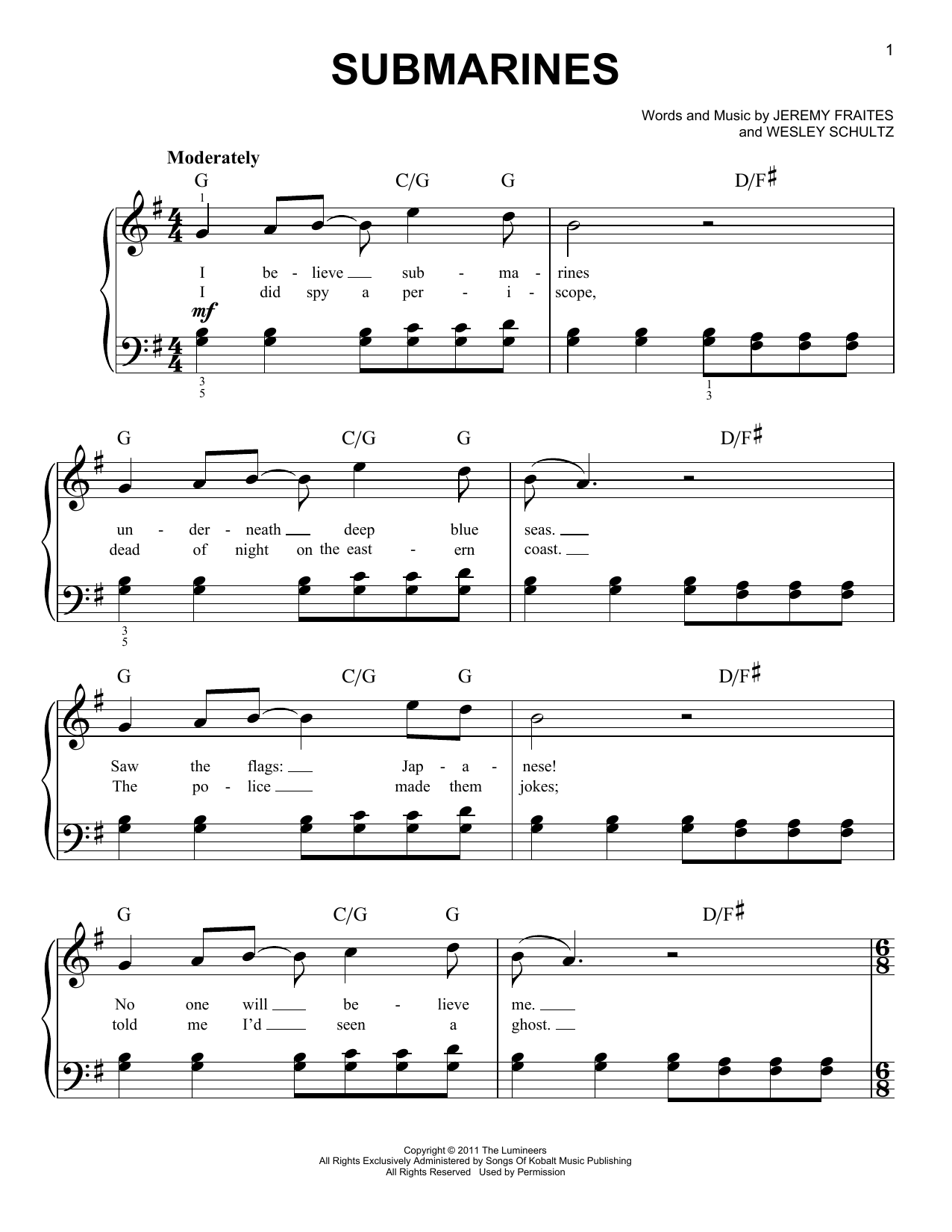 Submarines (Easy Piano) von The Lumineers