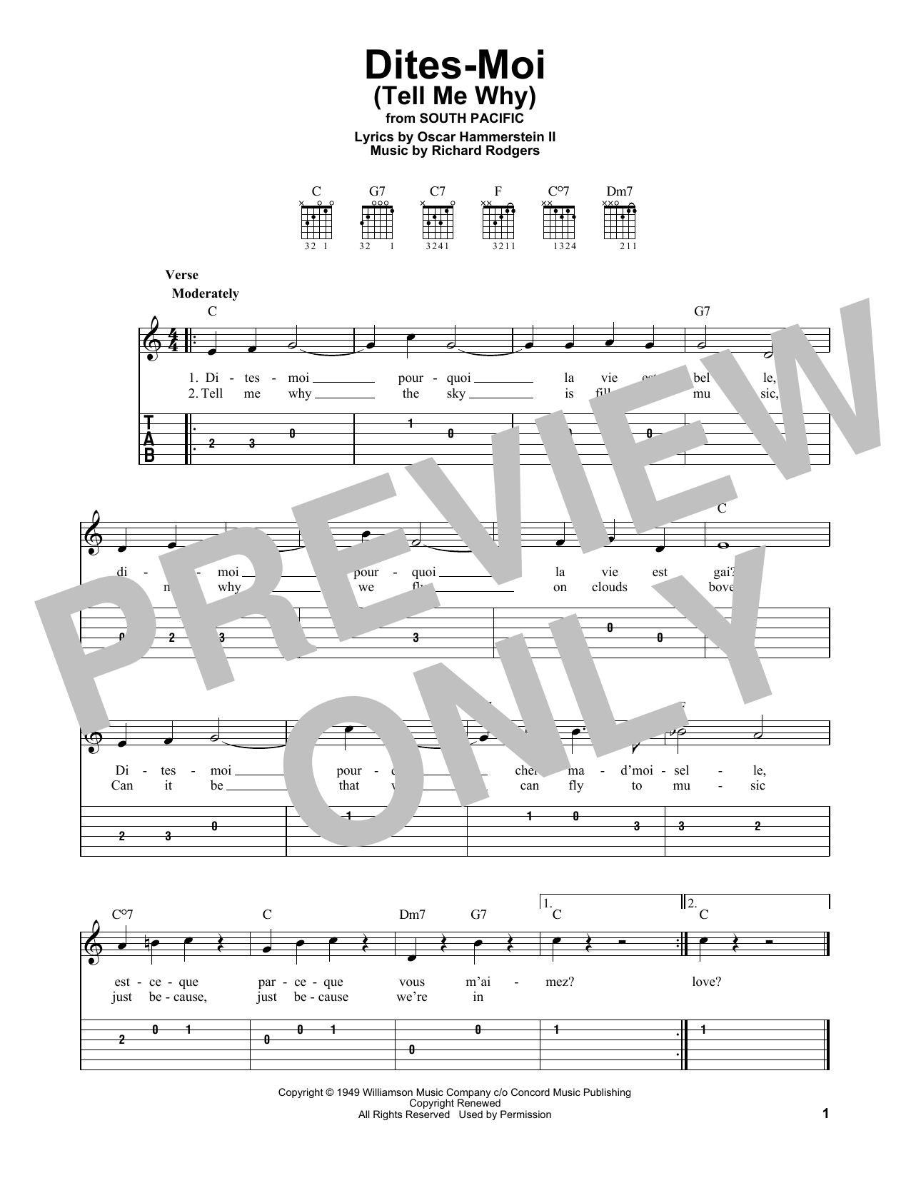 Dites-Moi (Tell Me Why) (from South Pacific) (Easy Guitar Tab) von Rodgers & Hammerstein