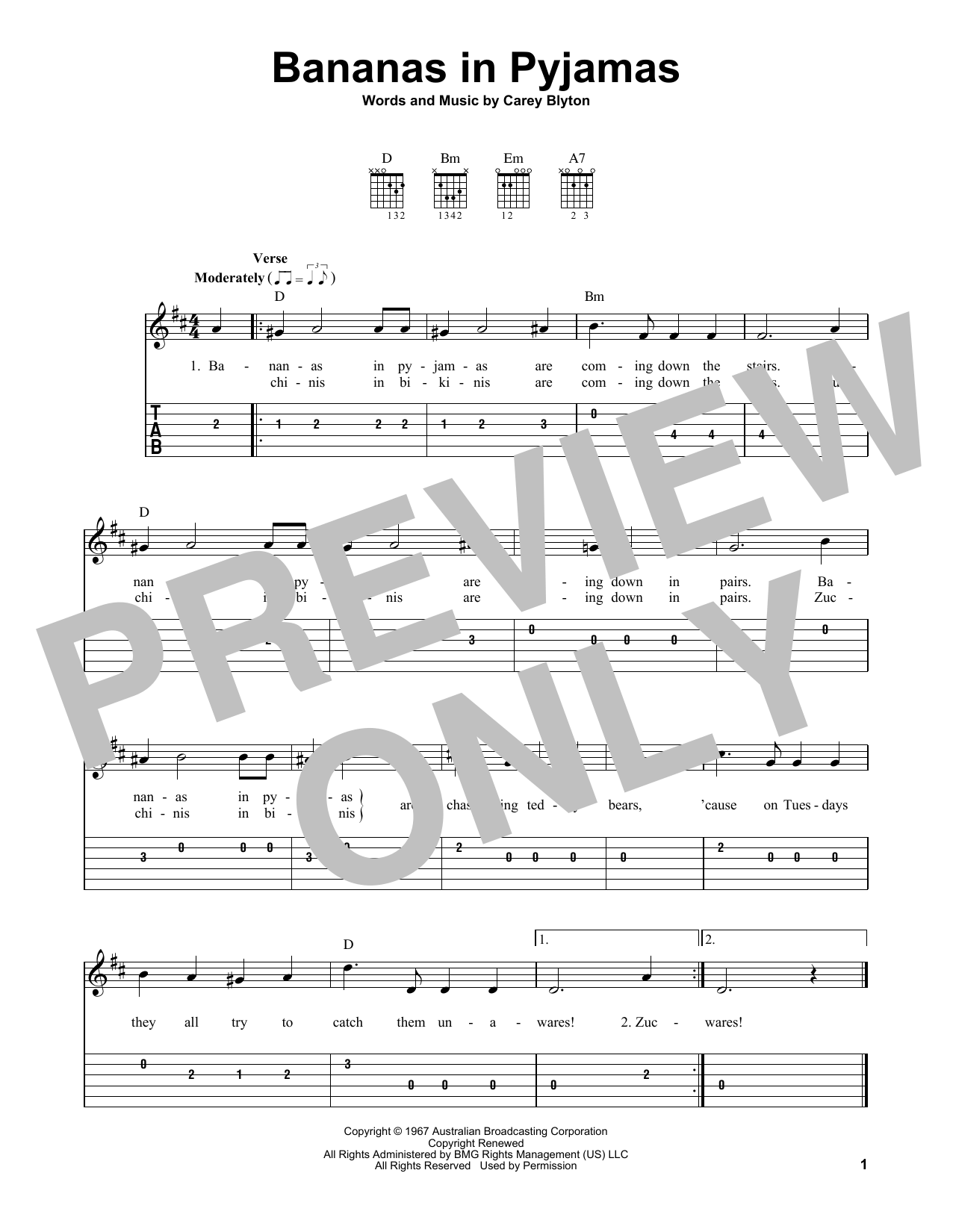 Bananas In Pyjamas (Easy Guitar Tab) von Carey Blyton