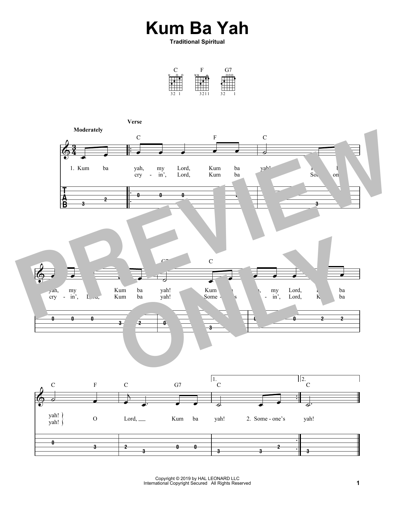 Kum Ba Yah (Easy Guitar Tab) von Traditional Spiritual