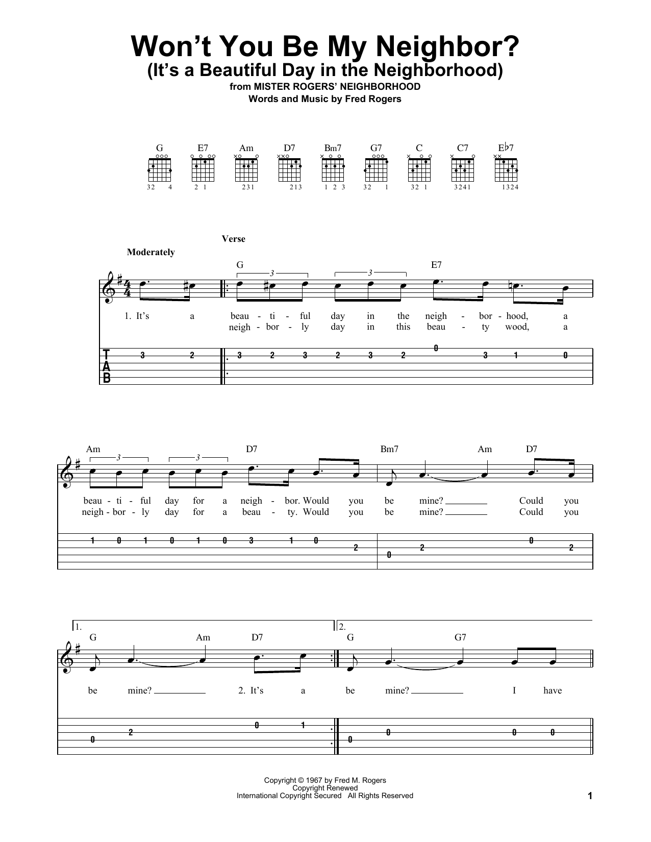 Won't You Be My Neighbor? (It's A Beautiful Day In The Neighborhood) (Easy Guitar Tab) von Fred Rogers