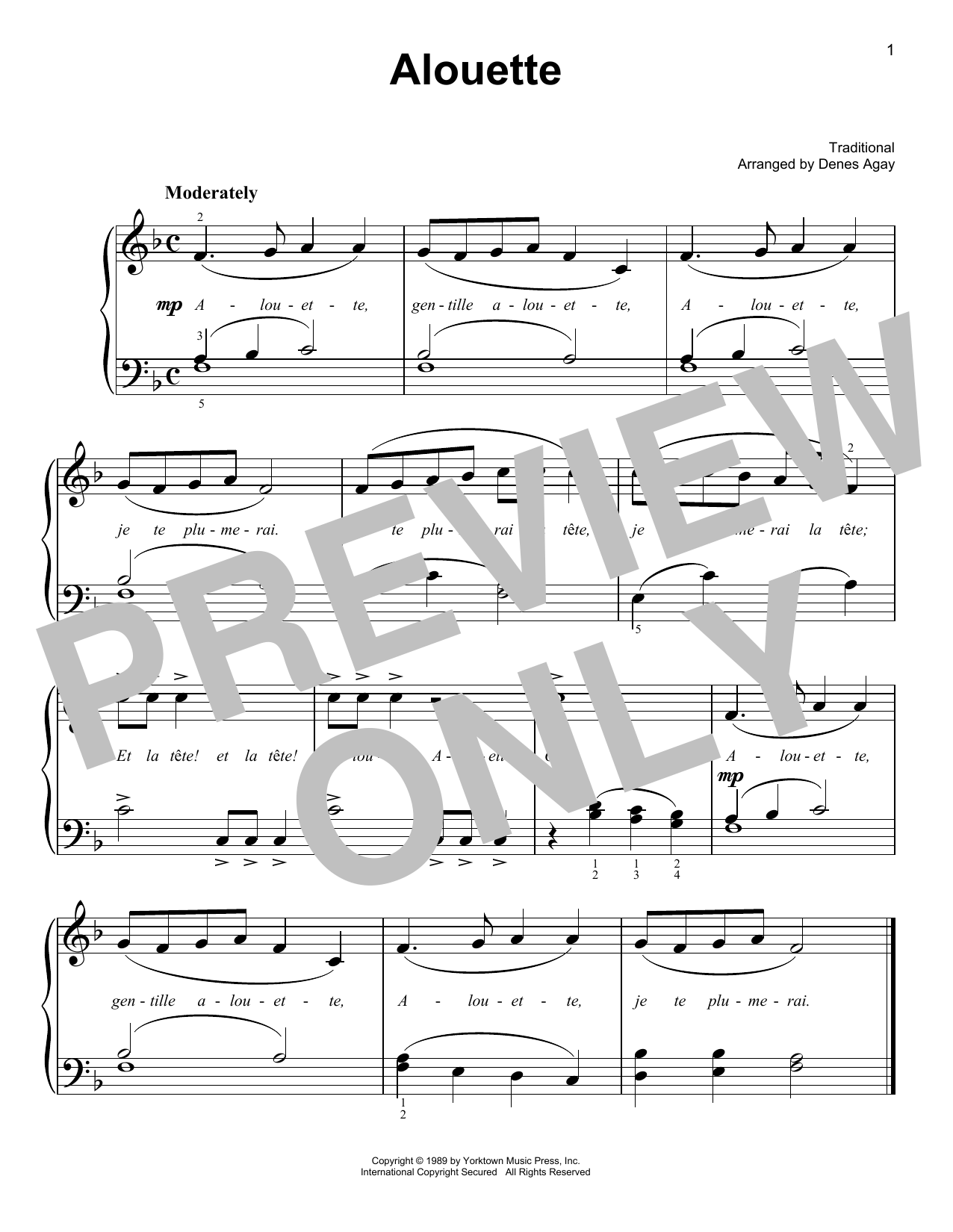 Alouette (arr. Denes Agay) (Easy Piano) von Traditional