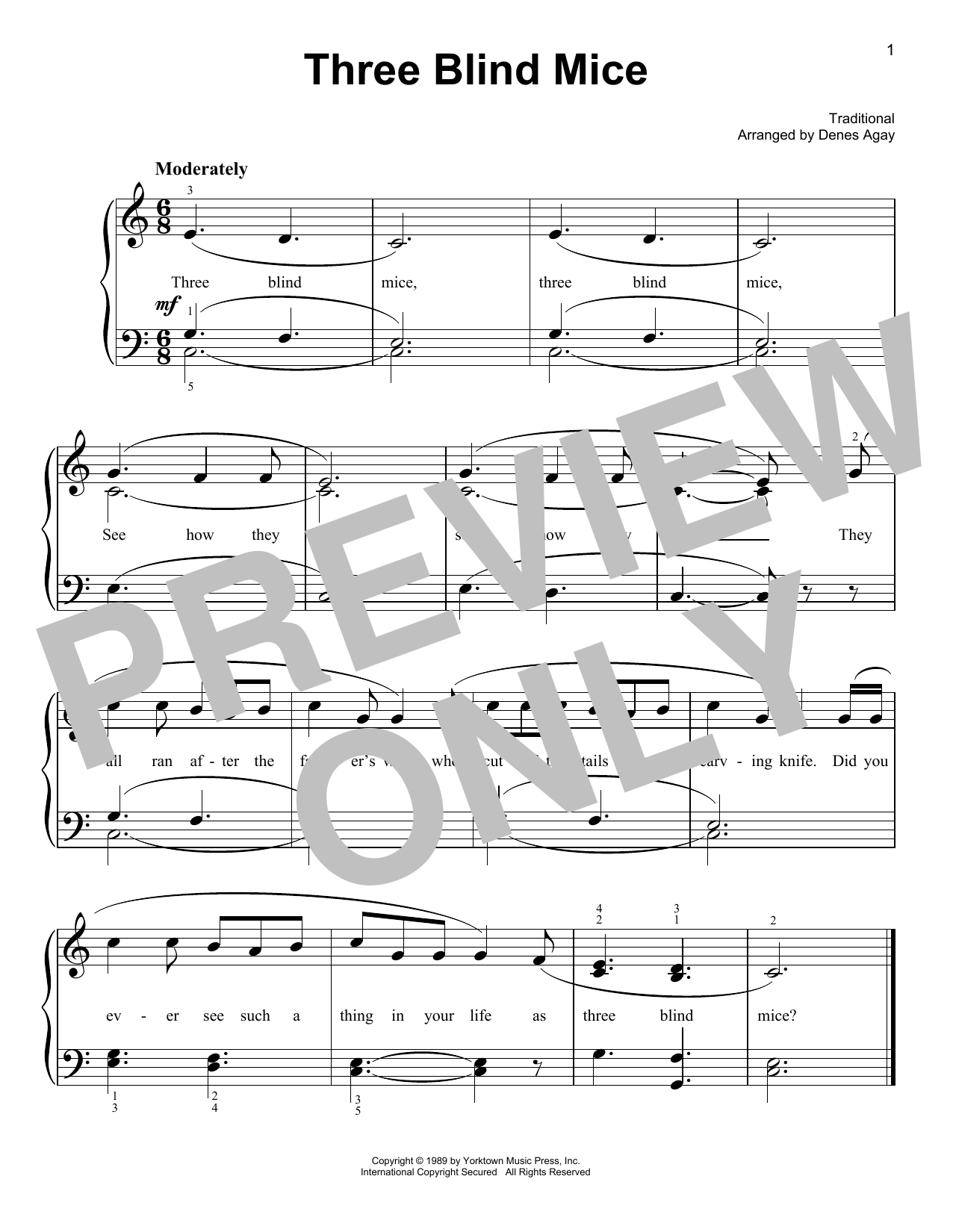 Three Blind Mice (arr. Denes Agay) (Easy Piano) von Traditional
