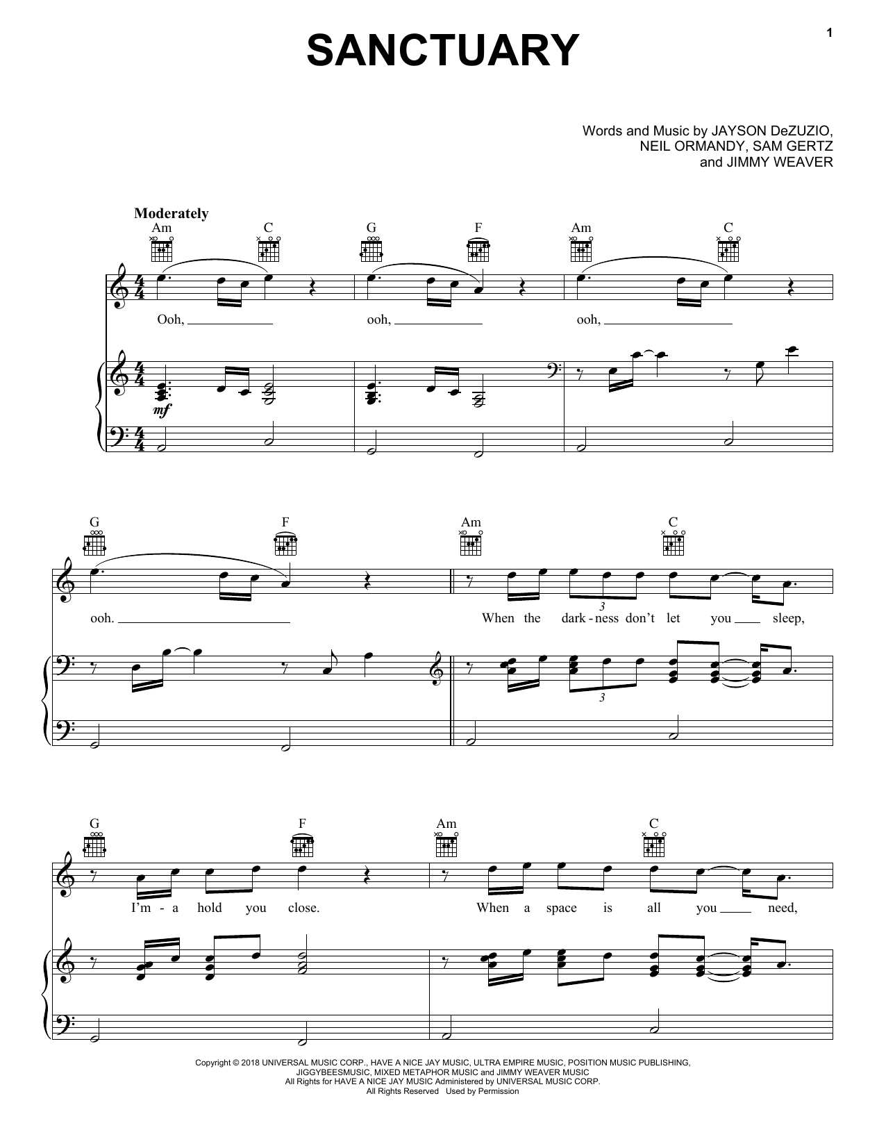 Sanctuary (Piano, Vocal & Guitar Chords (Right-Hand Melody)) von Welshly Arms