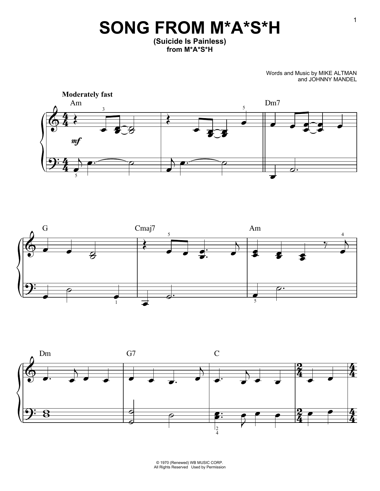 Song From M*A*S*H (Suicide Is Painless) (Very Easy Piano) von Mike Altman and Johnny Mandel