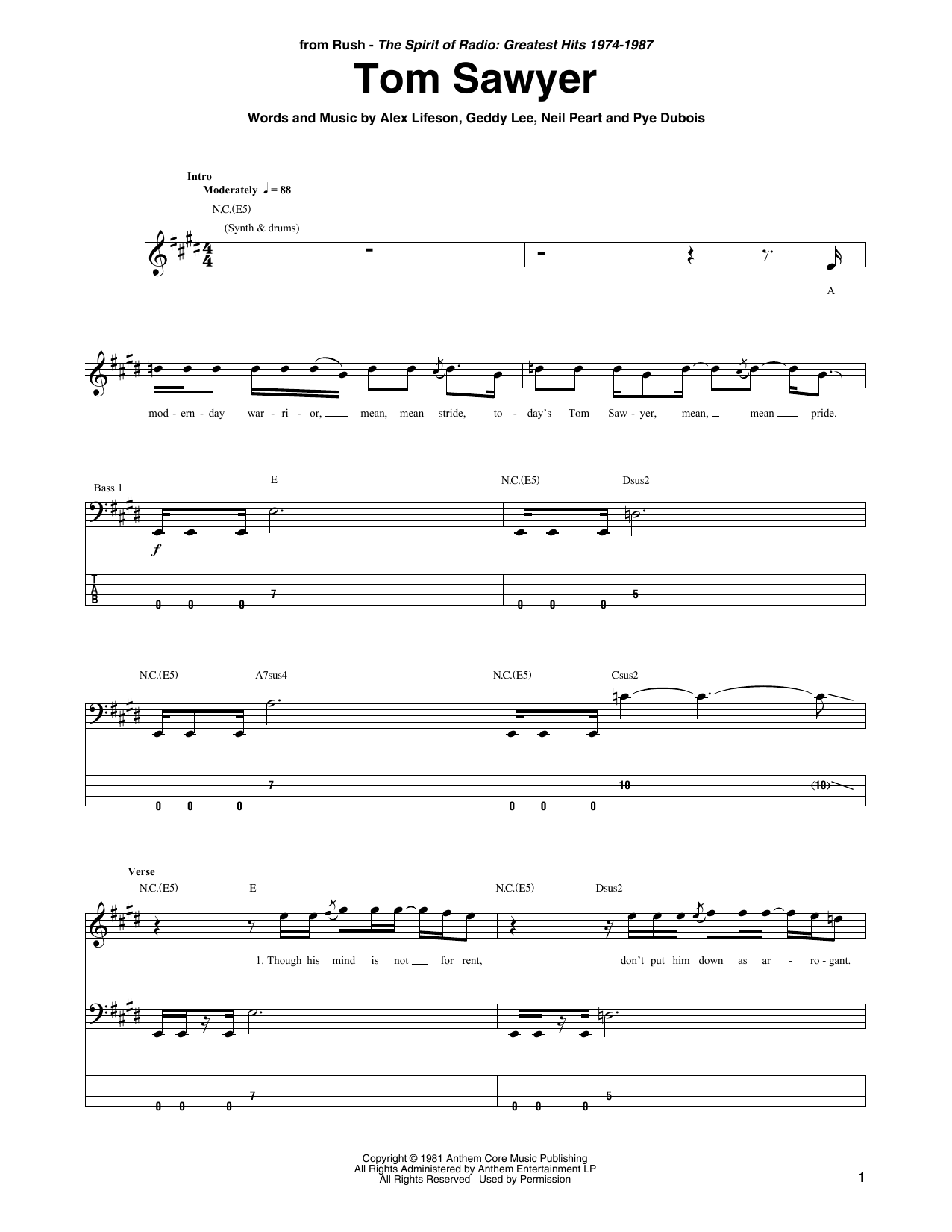 Tom Sawyer (Bass Guitar Tab) von Rush