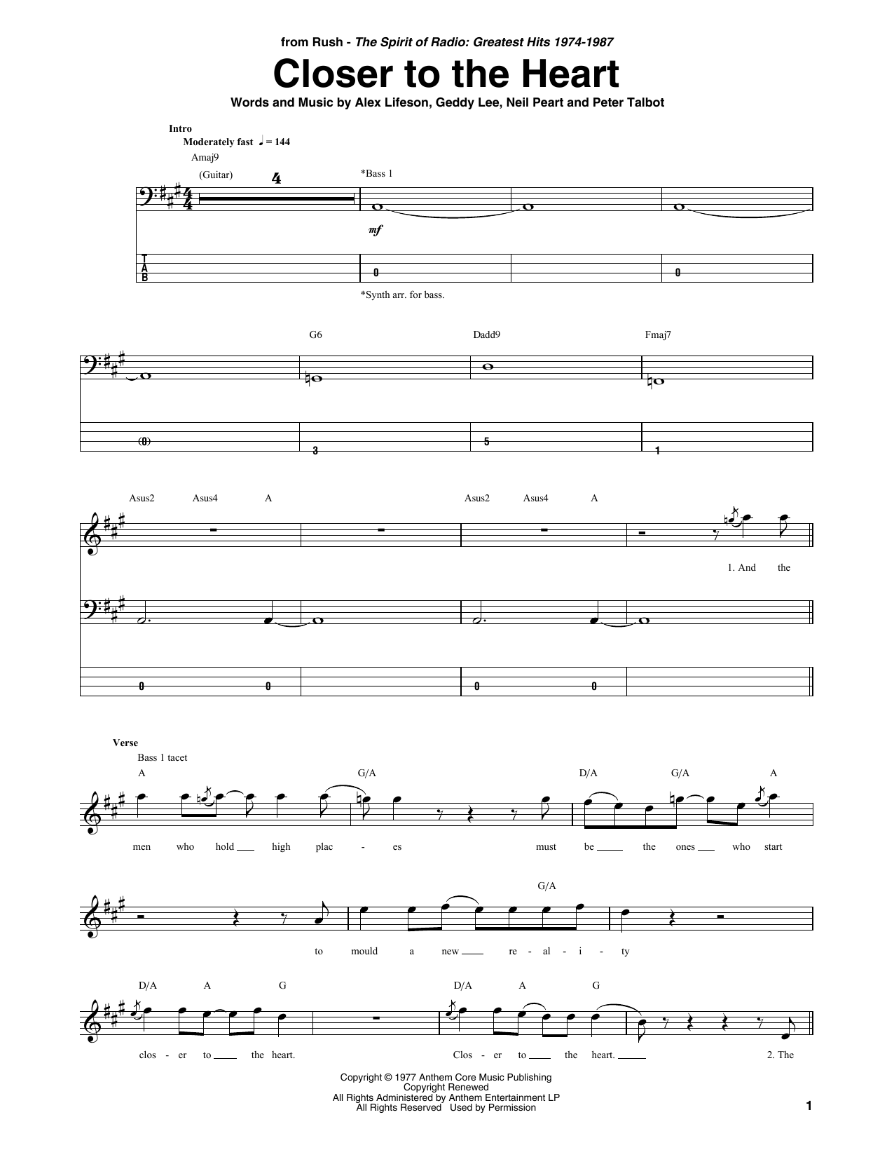 Closer To The Heart (Bass Guitar Tab) von Rush