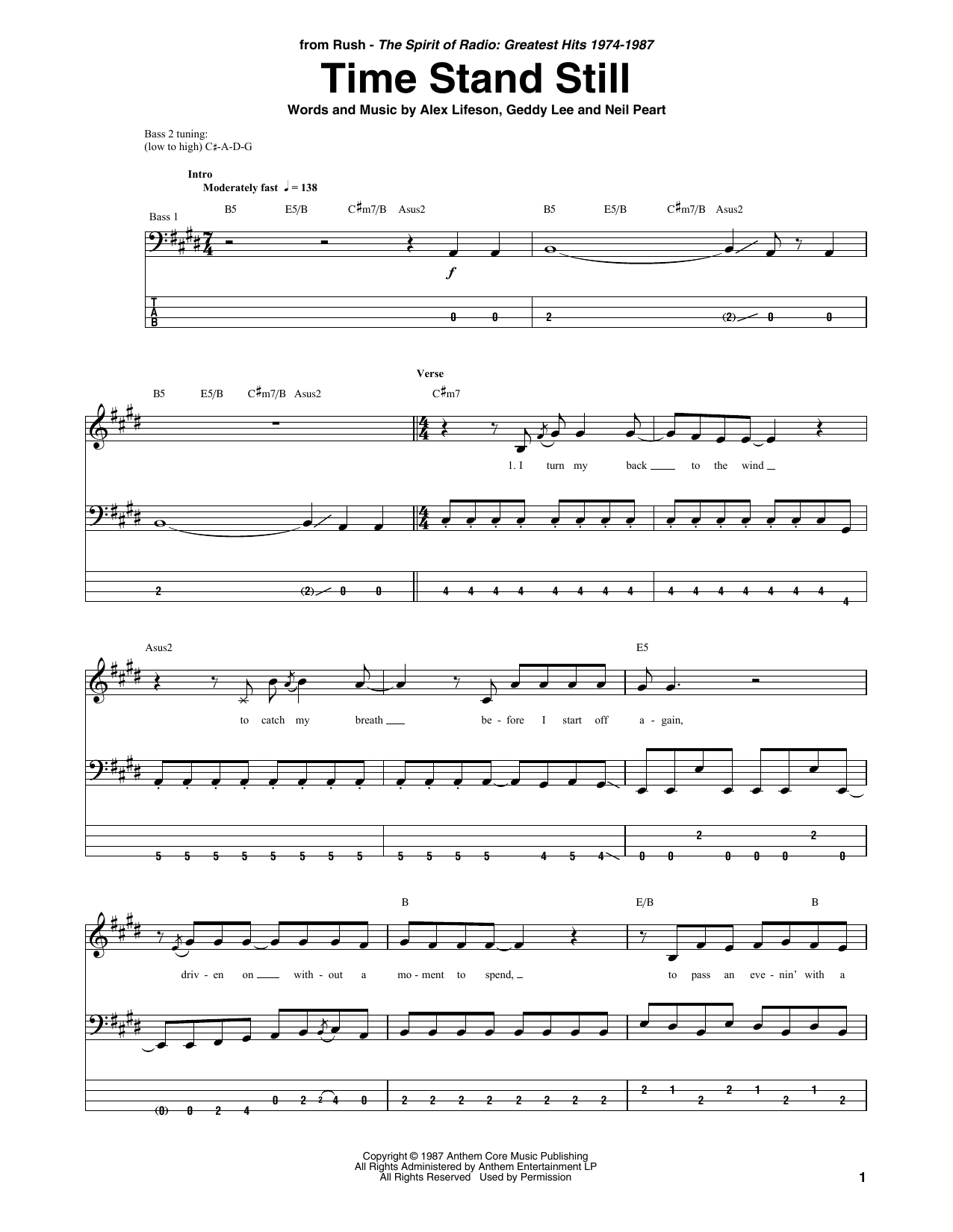 Time Stand Still (Bass Guitar Tab) von Rush