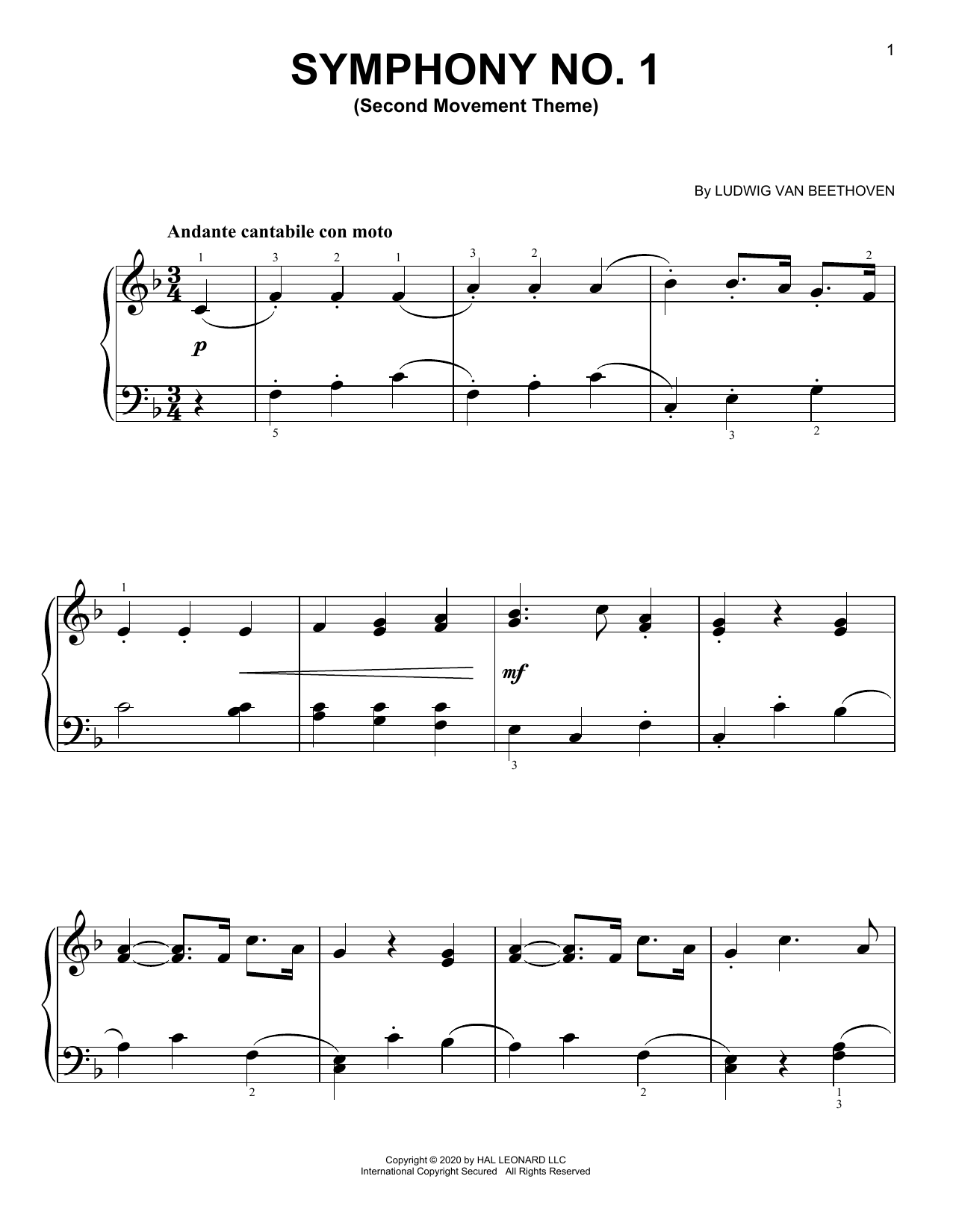 Symphony No. 1, Andante, Second Movement (Easy Piano) von Ludwig van Beethoven