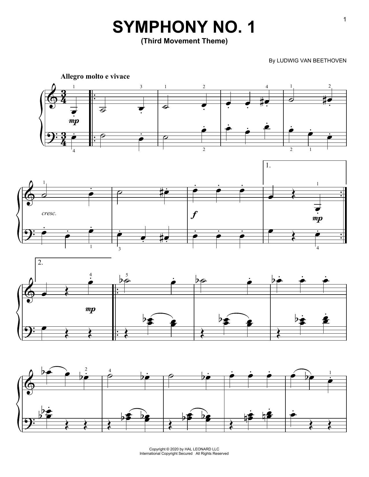 Symphony No. 1, Third Movement Excerpt (Easy Piano) von Ludwig van Beethoven