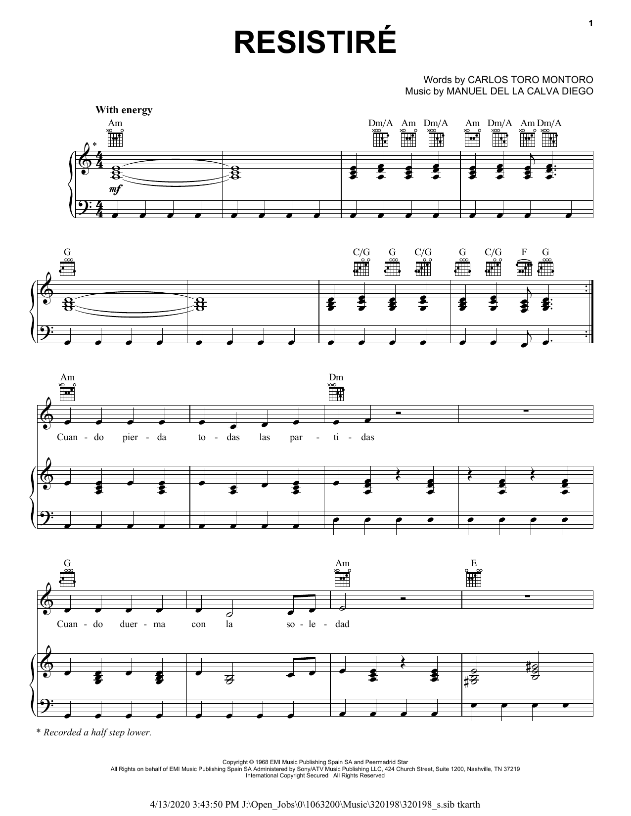Resistir (Piano, Vocal & Guitar Chords (Right-Hand Melody)) von Carlos Toro Montoro and Manuel de la Calva Diego