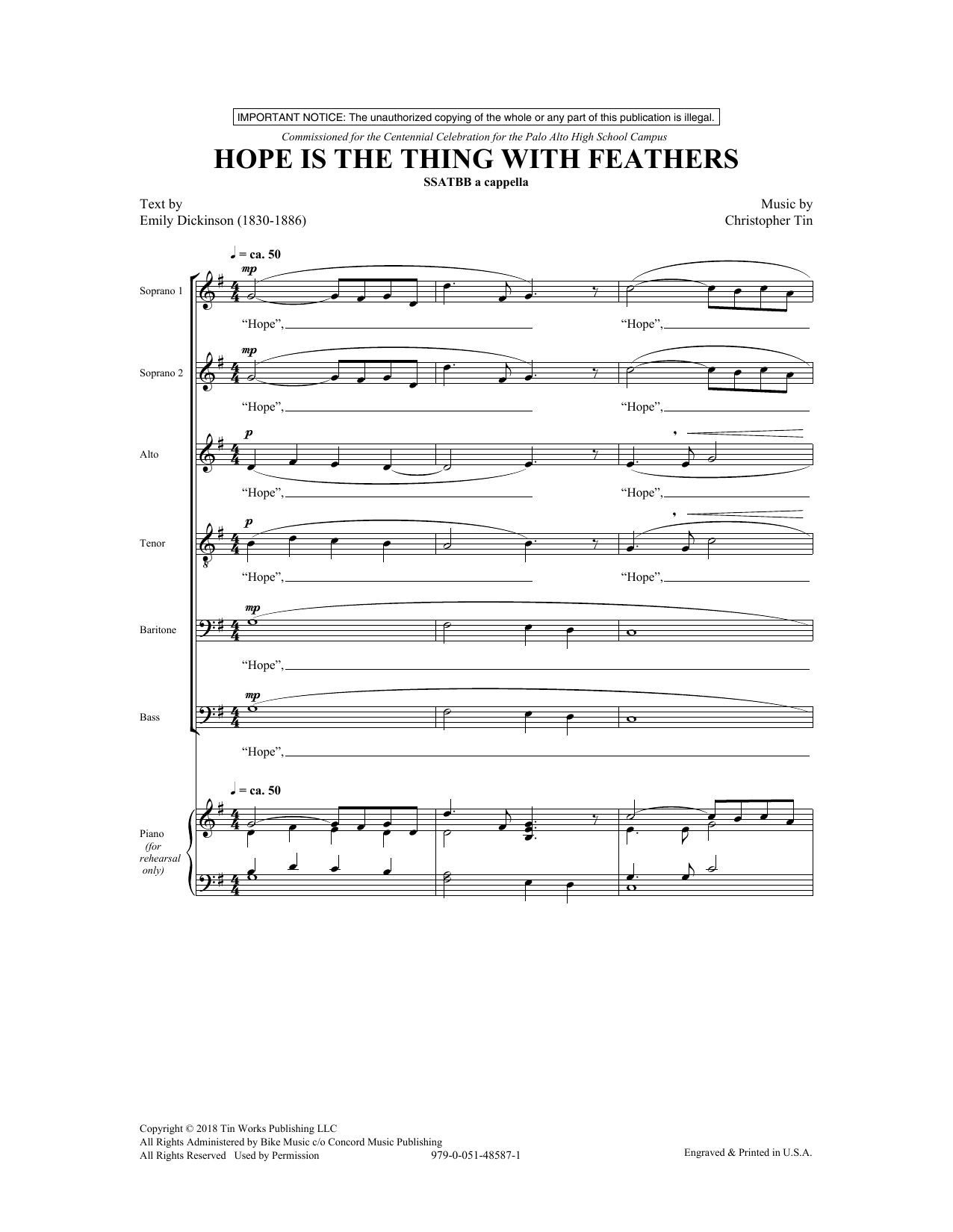 Hope Is The Thing With Feathers (SATB Choir) von Emily Dickinson and Christopher Tin