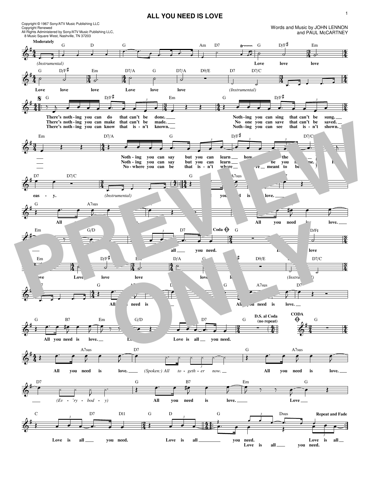 All You Need Is Love (Lead Sheet / Fake Book) von The Beatles