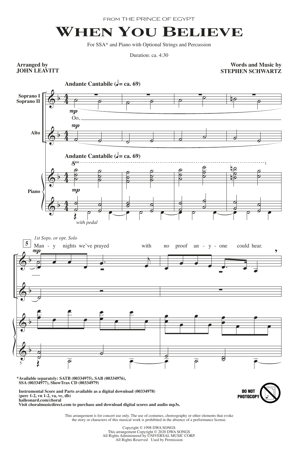 When You Believe (from The Prince Of Egypt) (arr. John Leavitt) (SSA Choir) von Stephen Schwartz