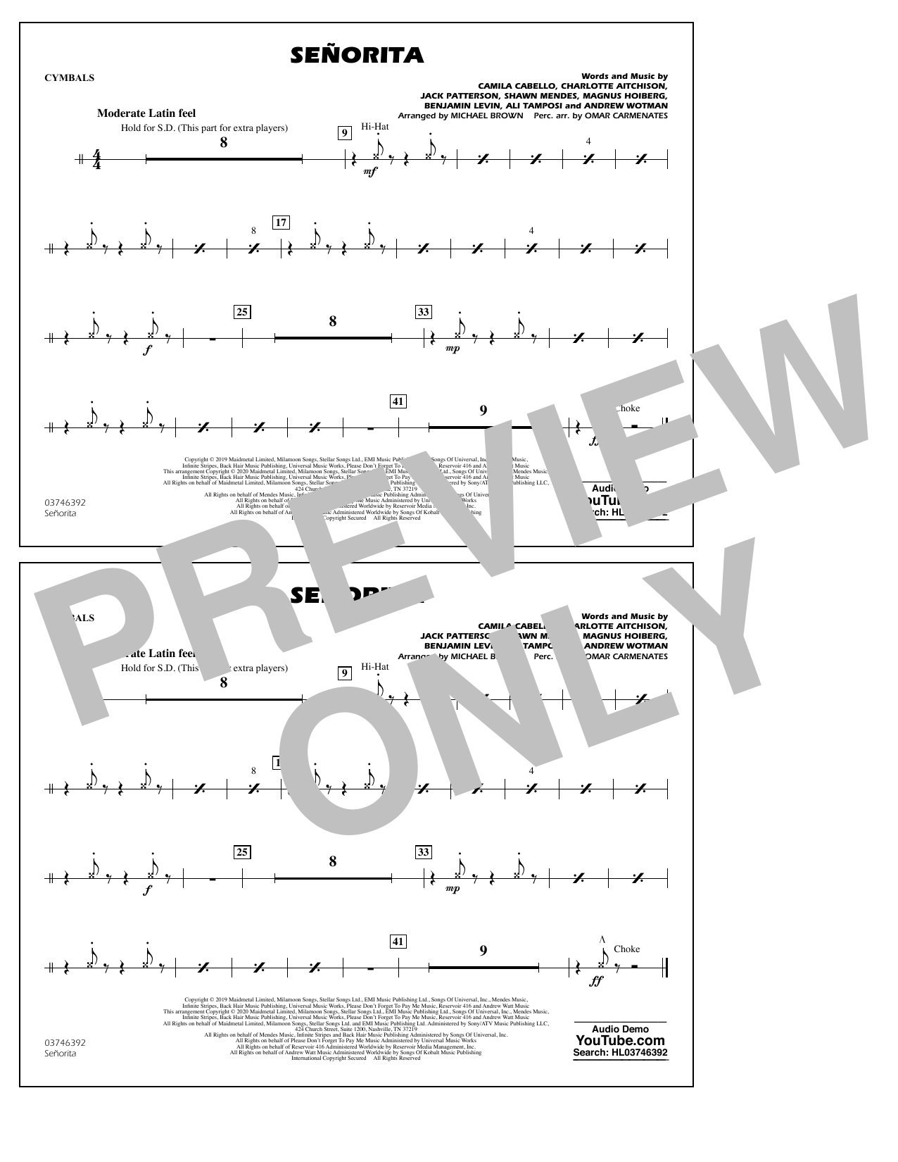 Seorita (arr. Carmenates and Brown) - Cymbals (Marching Band) von Shawn Mendes & Camila Cabello