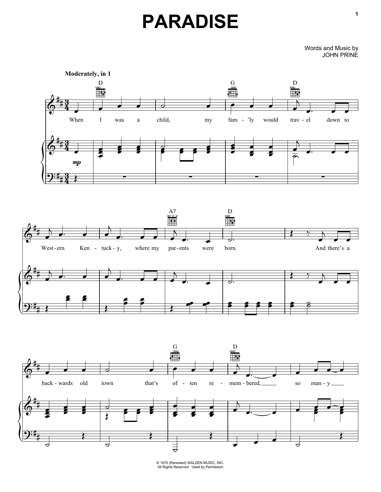 Paradise (Piano, Vocal & Guitar Chords (Right-Hand Melody)) von John Prine