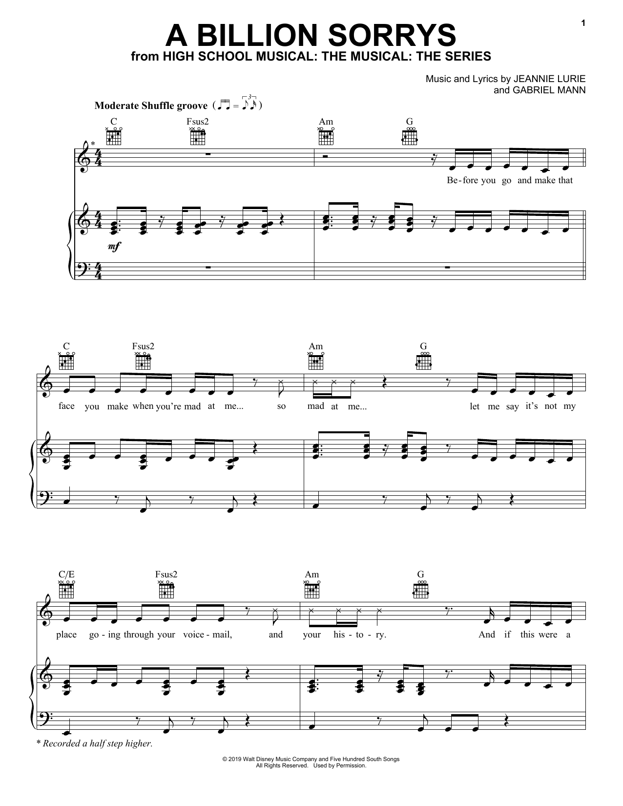 A Billion Sorrys (from High School Musical: The Musical: The Series) (Piano, Vocal & Guitar Chords (Right-Hand Melody)) von Matt Cornett