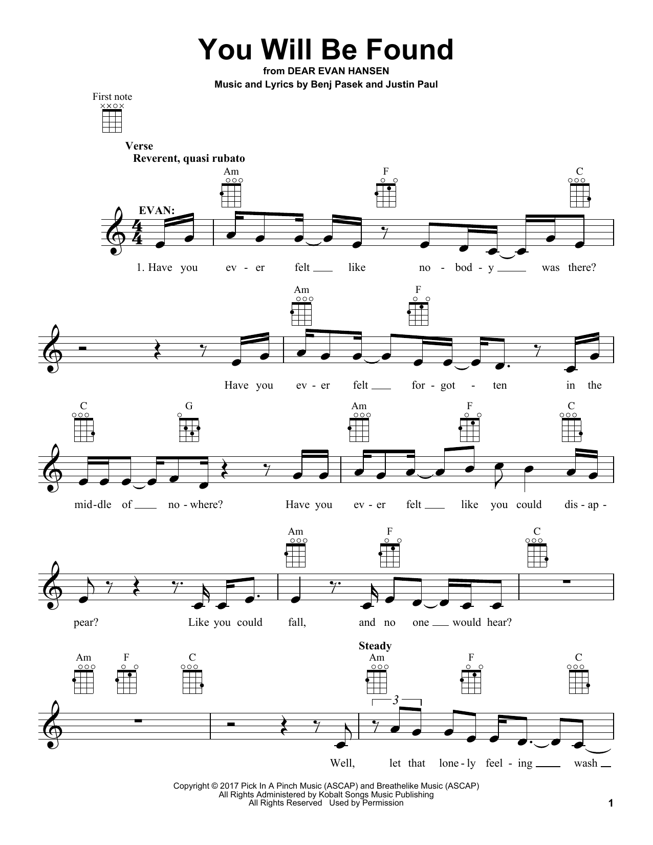 You Will Be Found (from Dear Evan Hansen) (Ukulele) von Pasek & Paul