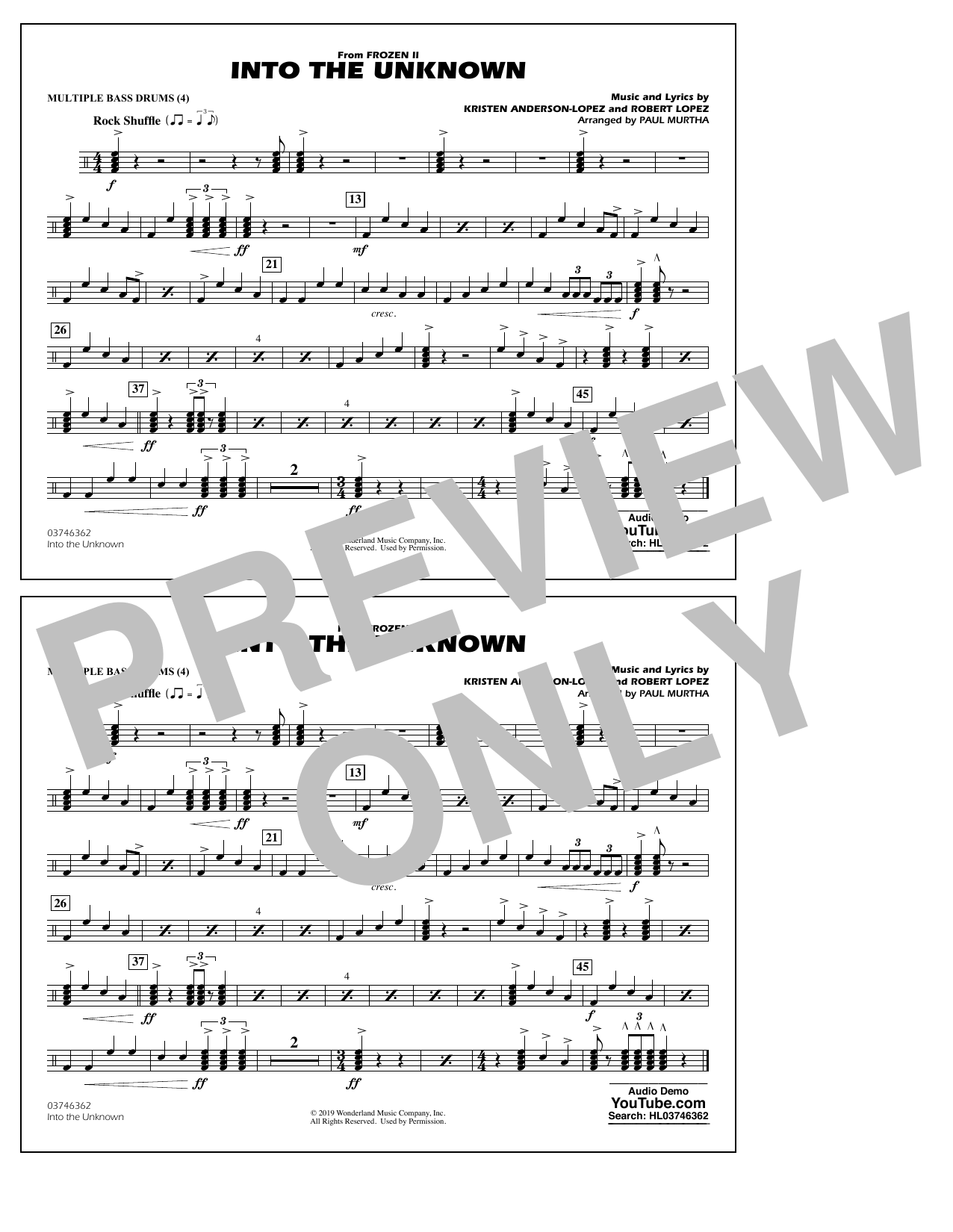Into the Unknown (from Disney's Frozen 2) (arr. Paul Murtha) - Multiple Bass Drums (Marching Band) von Idina Menzel and AURORA