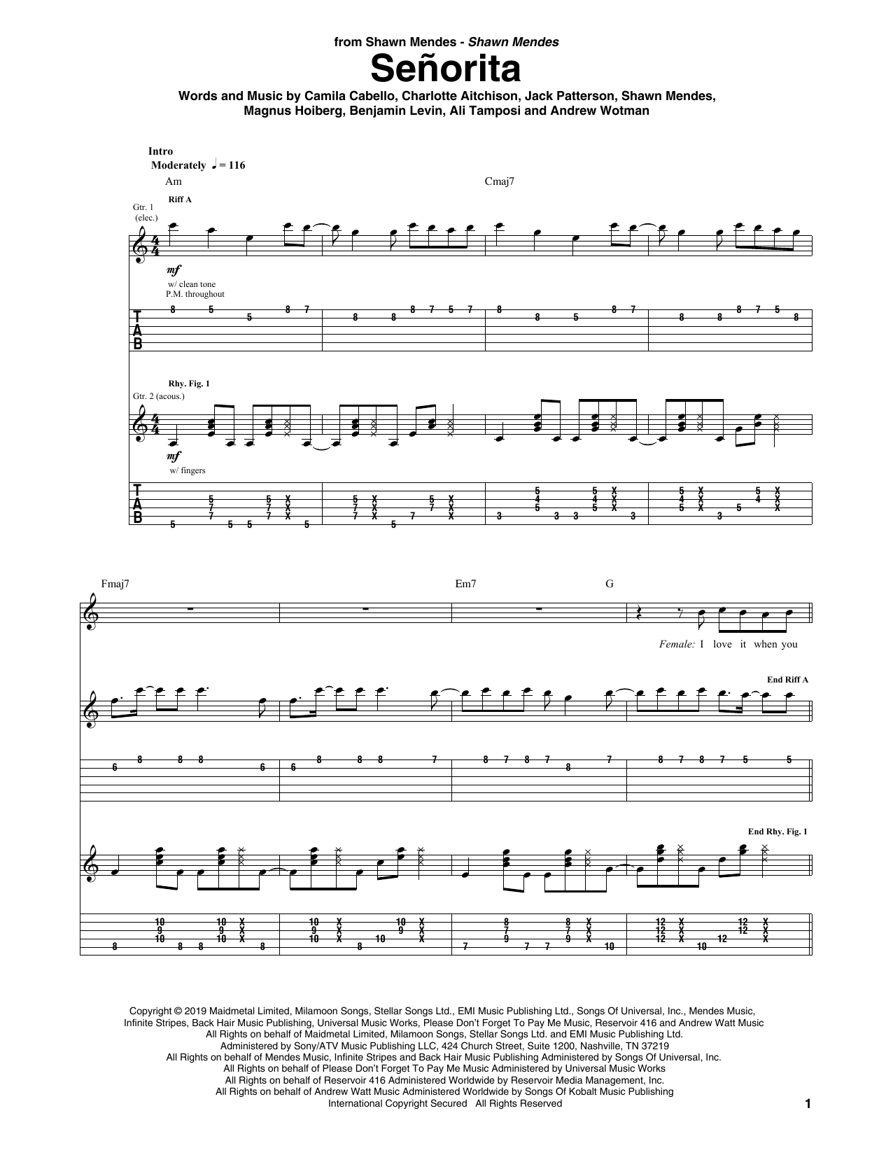 Seorita (Guitar Tab) von Shawn Mendes & Camila Cabello