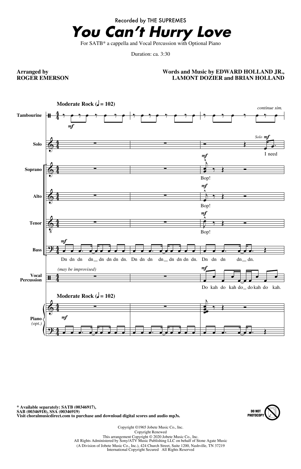 You Can't Hurry Love (arr. Roger Emerson) (SATB Choir) von The Supremes