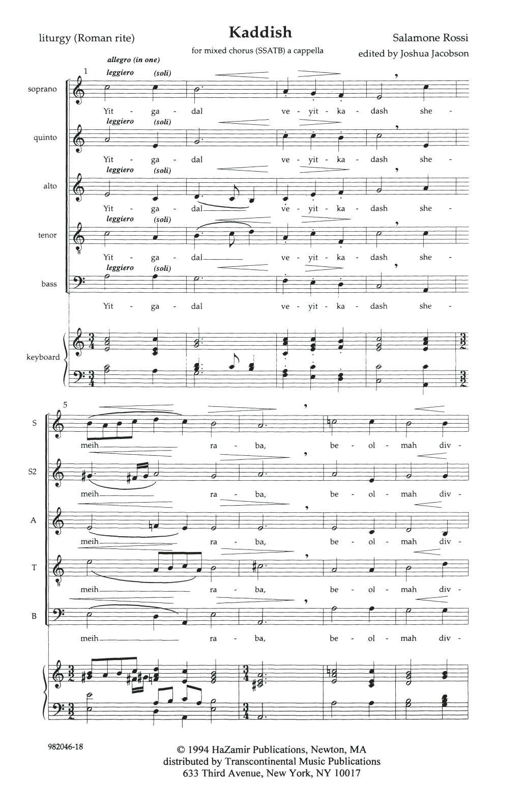 Kaddish (SSATB Choir) von Salamone Rossi
