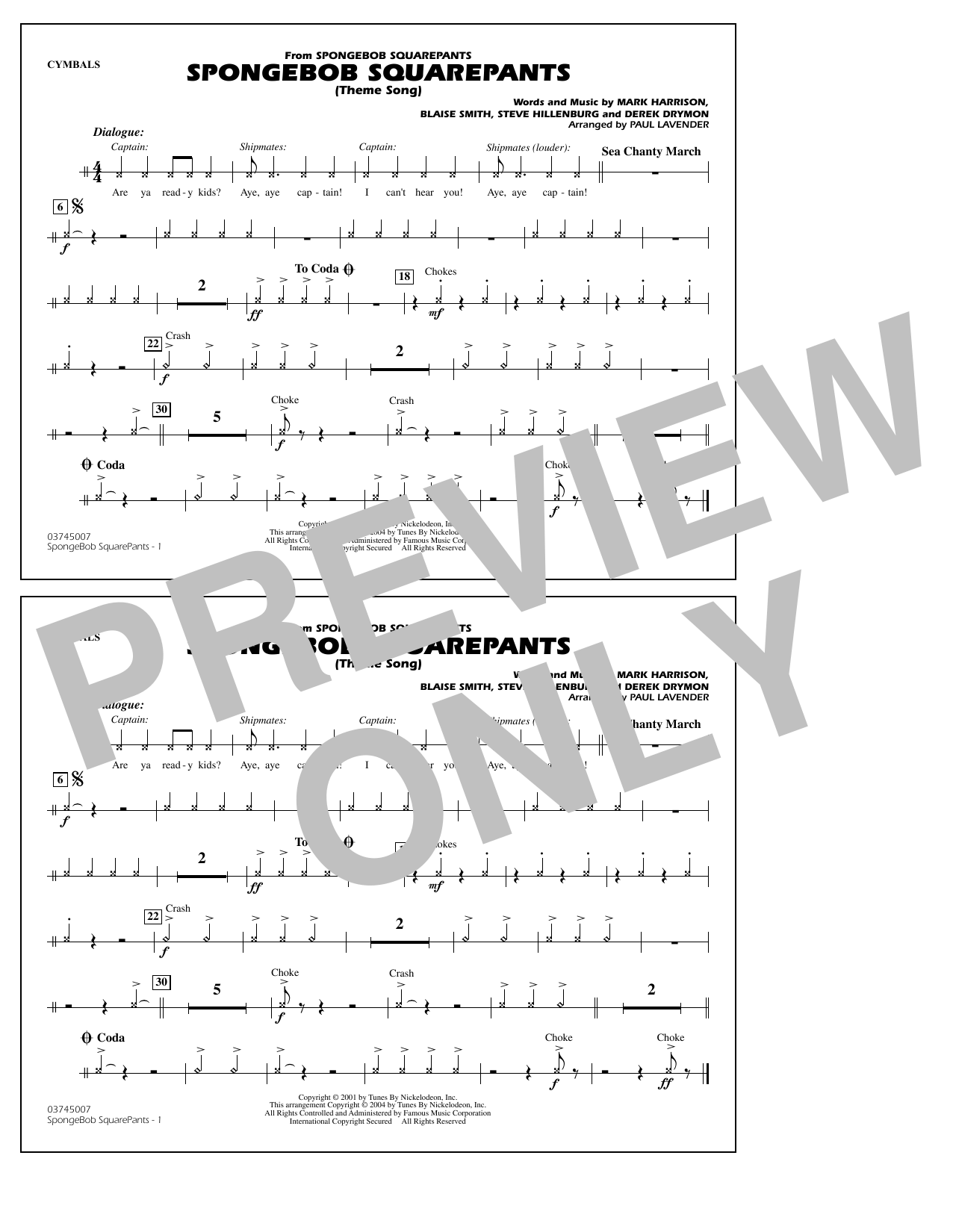 Spongebob Squarepants (Theme Song) (arr. Paul Lavender) - Cymbals (Marching Band) von Steve Hillenburg