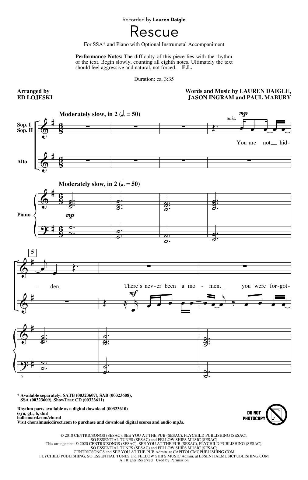 Rescue (arr. Ed Lojeski) (SSA Choir) von Lauren Daigle