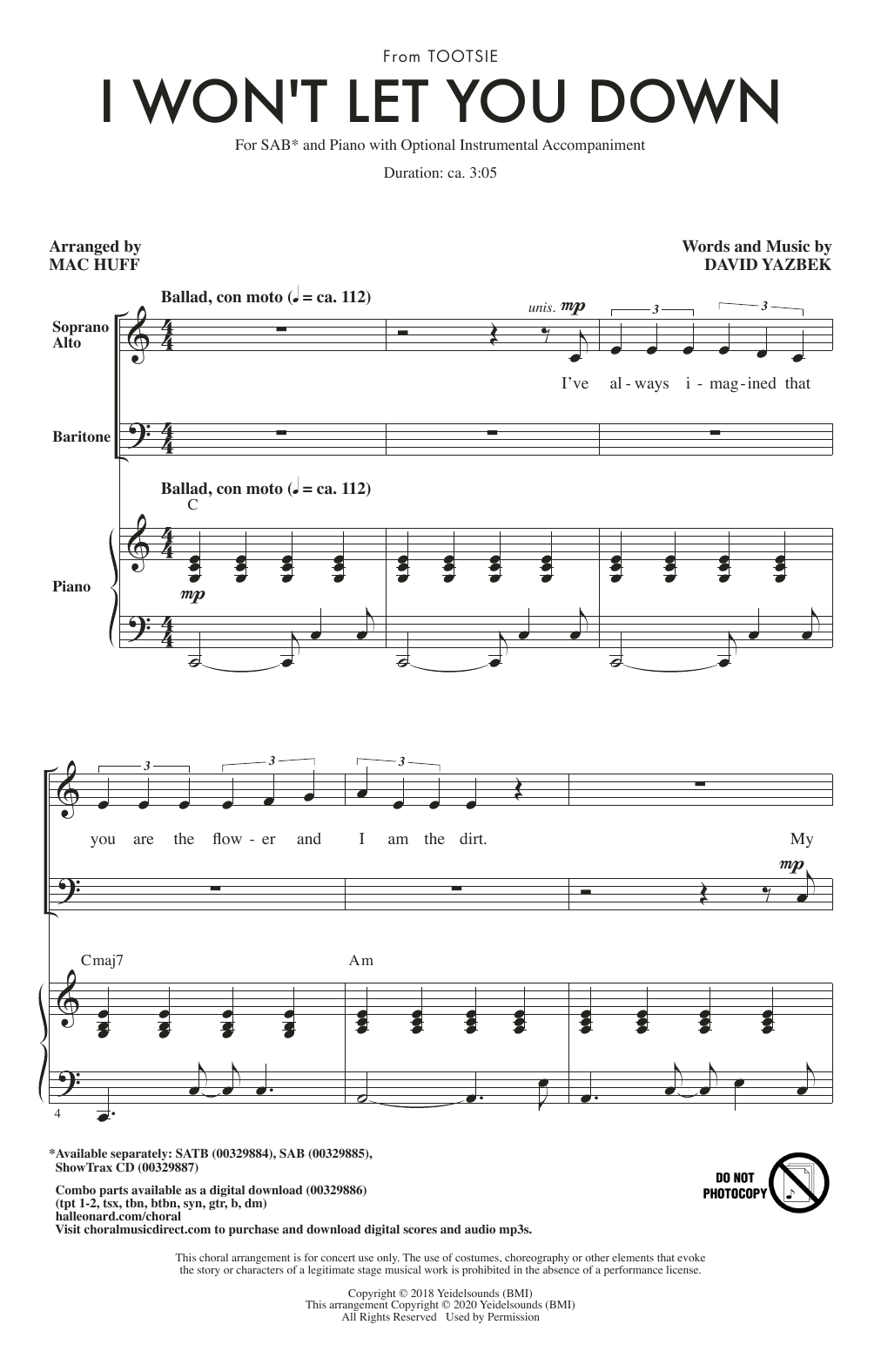 I Won't Let You Down (from the musical Tootsie) (arr. Mac Huff) (SAB Choir) von David Yazbek