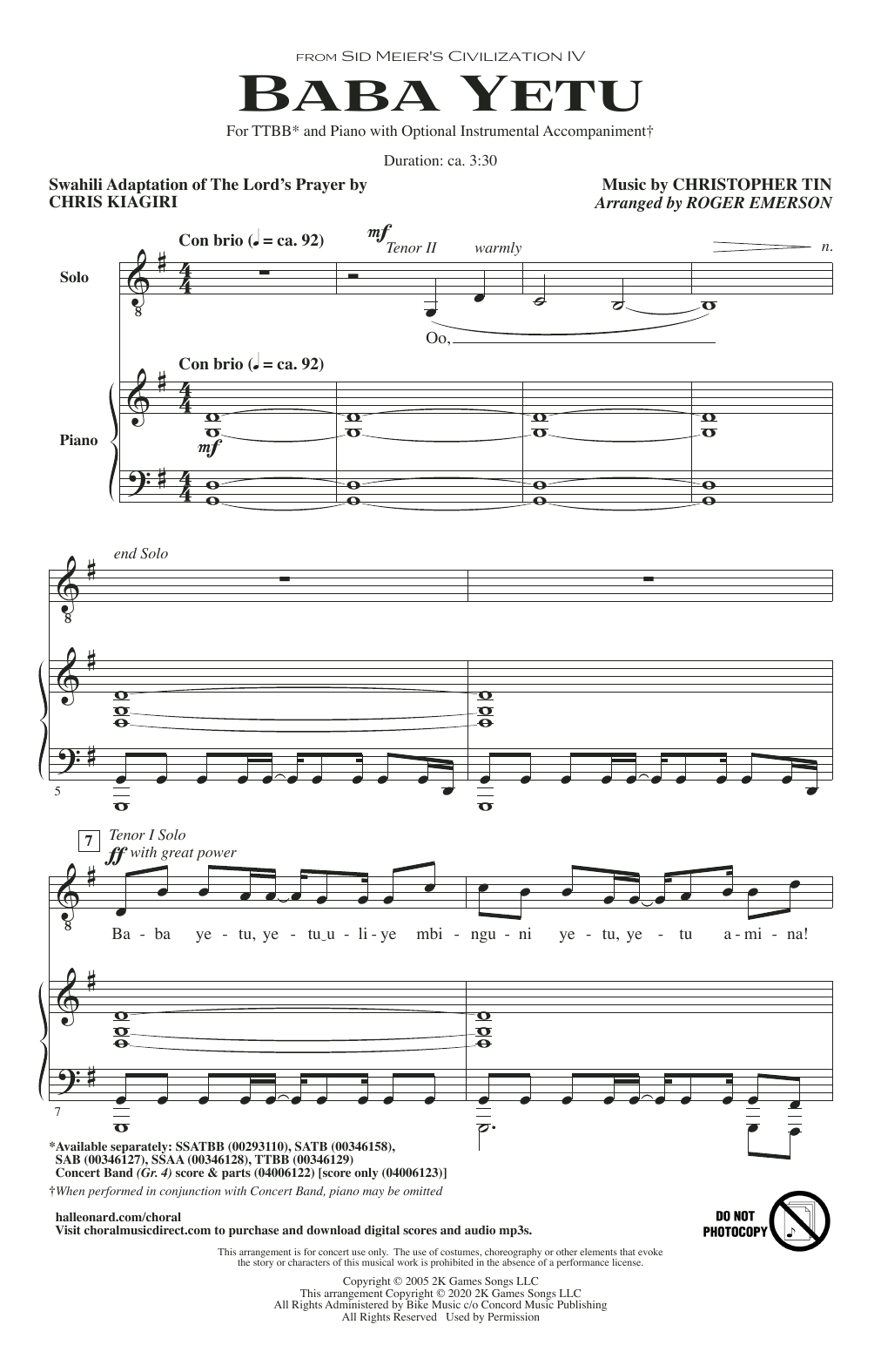 Baba Yetu (from Civilization IV) (arr. Roger Emerson) (TTBB Choir) von Christopher Tin