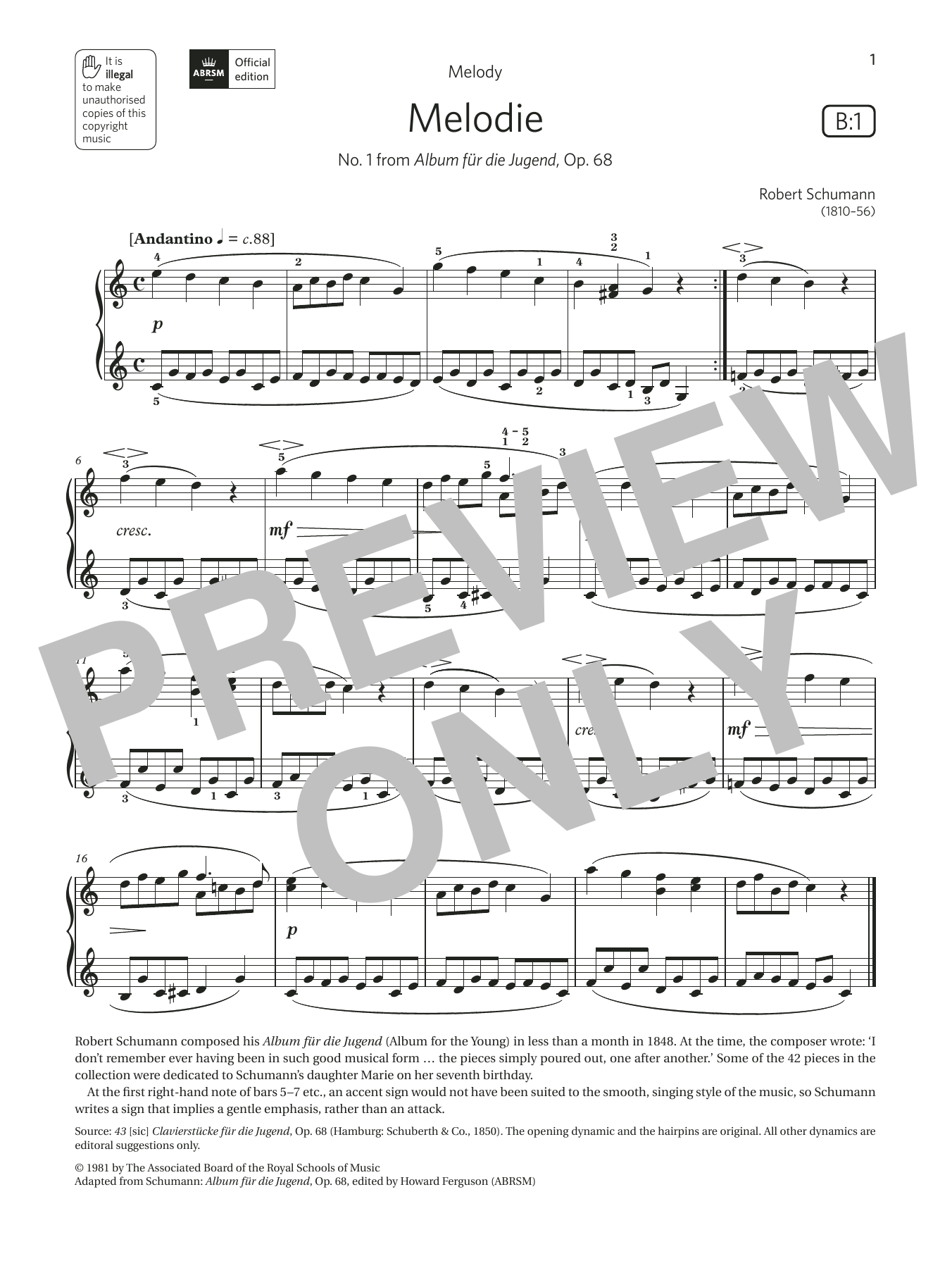 Melodie (Grade 1, list B1, from the ABRSM Piano Syllabus 2021 & 2022) (Piano Solo) von Robert Schumann