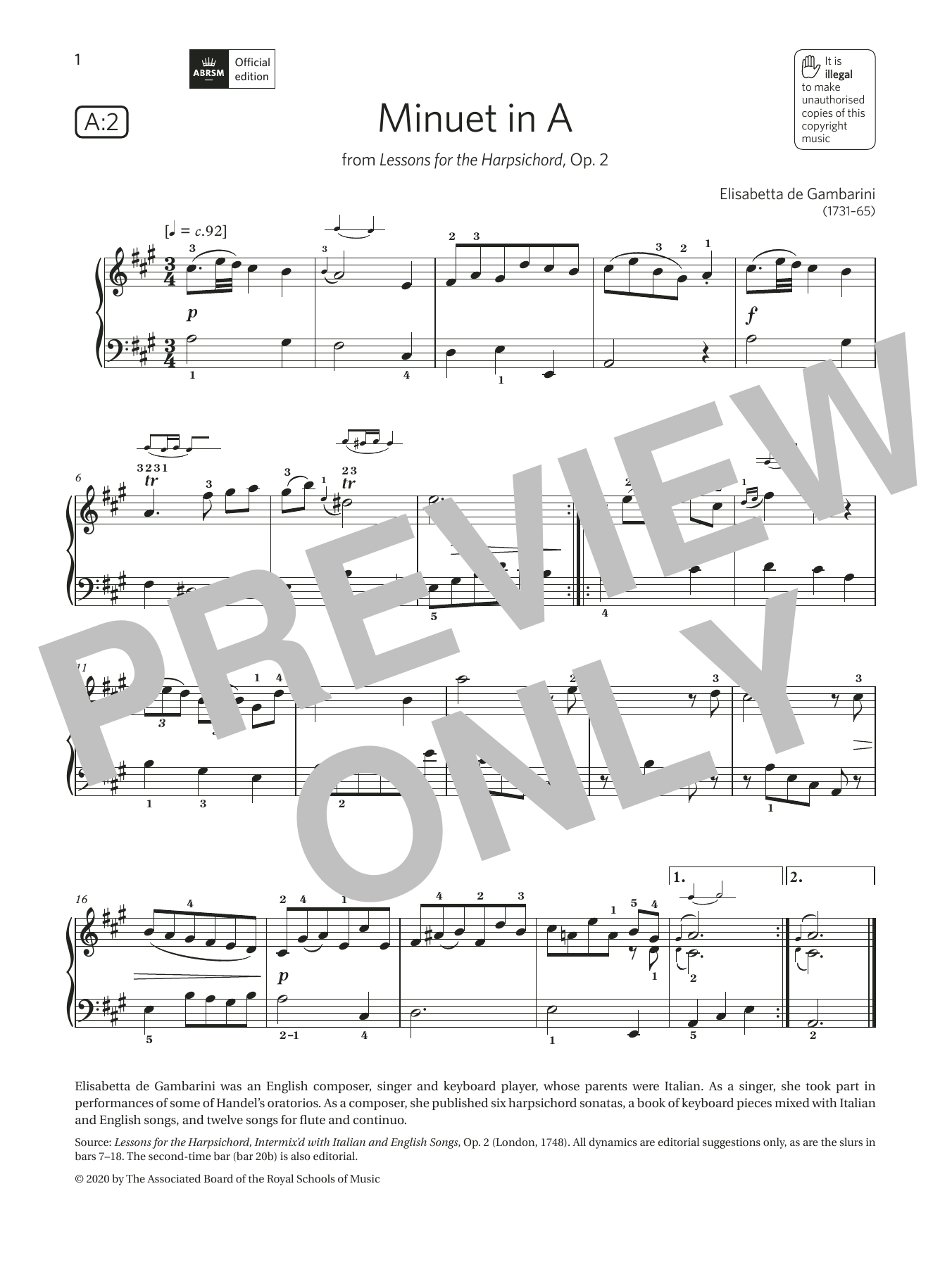 Minuet in A (Grade 2, list A2, from the ABRSM Piano Syllabus 2021 & 2022) (Piano Solo) von Elisabetta de Gambarini