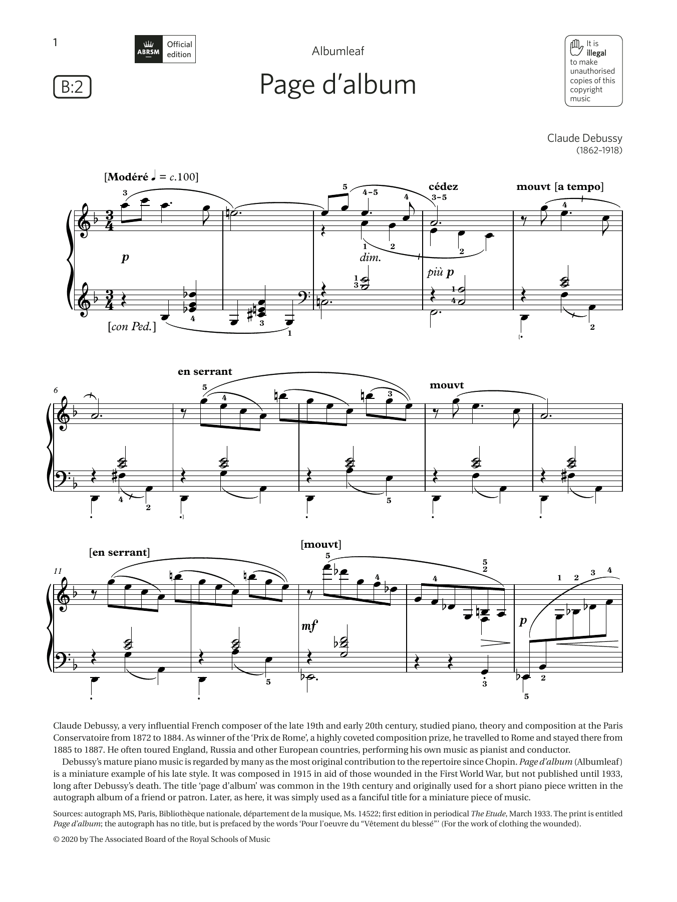 Page d'album (Grade 6, list B2, from the ABRSM Piano Syllabus 2021 & 2022) (Piano Solo) von Claude Debussy