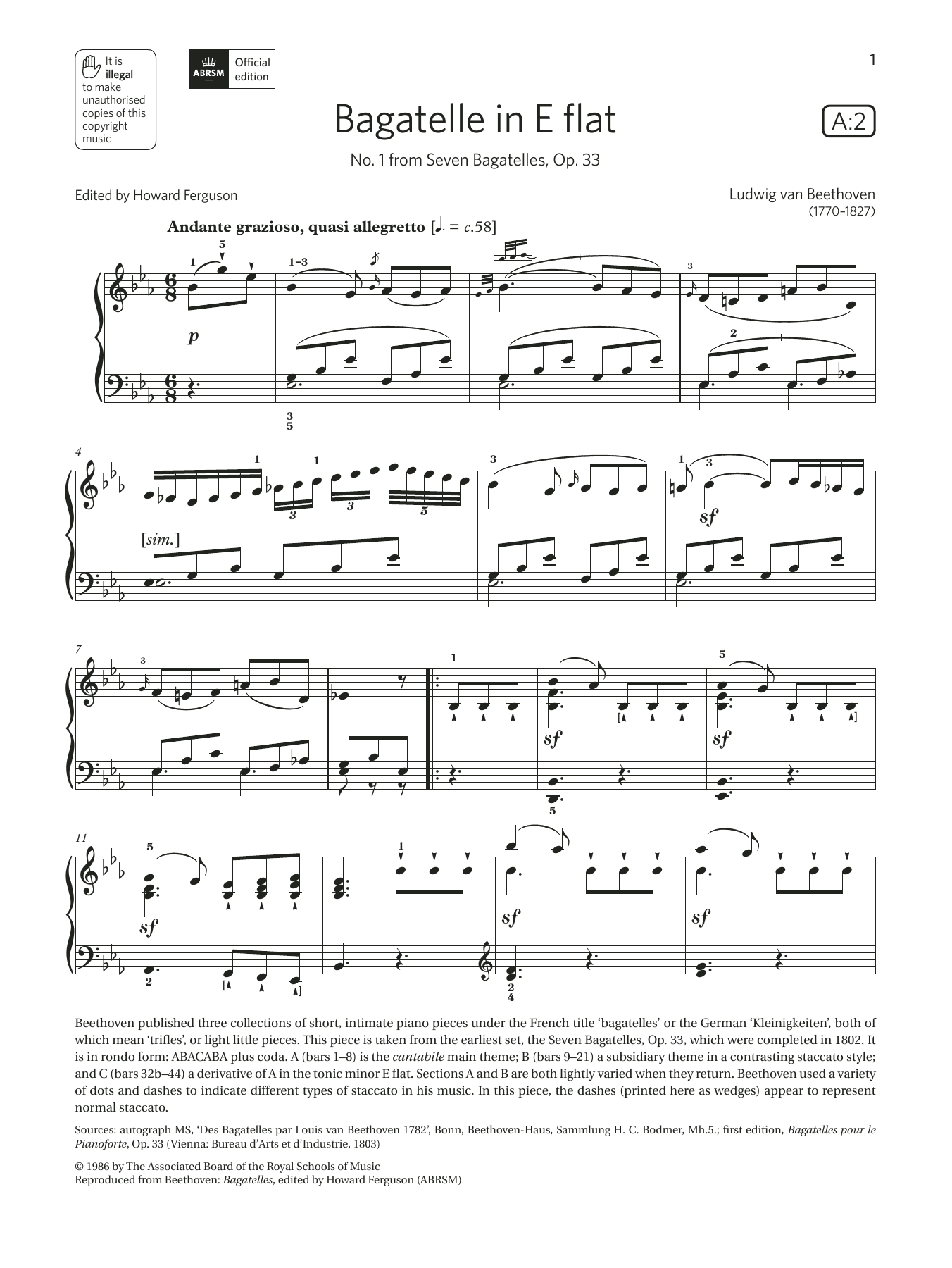 Bagatelle in E flat (Grade 7, list A2, from the ABRSM Piano Syllabus 2021 & 2022) (Piano Solo) von Ludwig van Beethoven