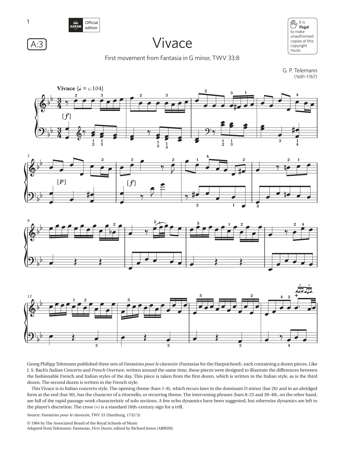 Vivace (Grade 7, list A3, from the ABRSM Piano Syllabus 2021 & 2022) (Piano Solo) von G. P. Telemann