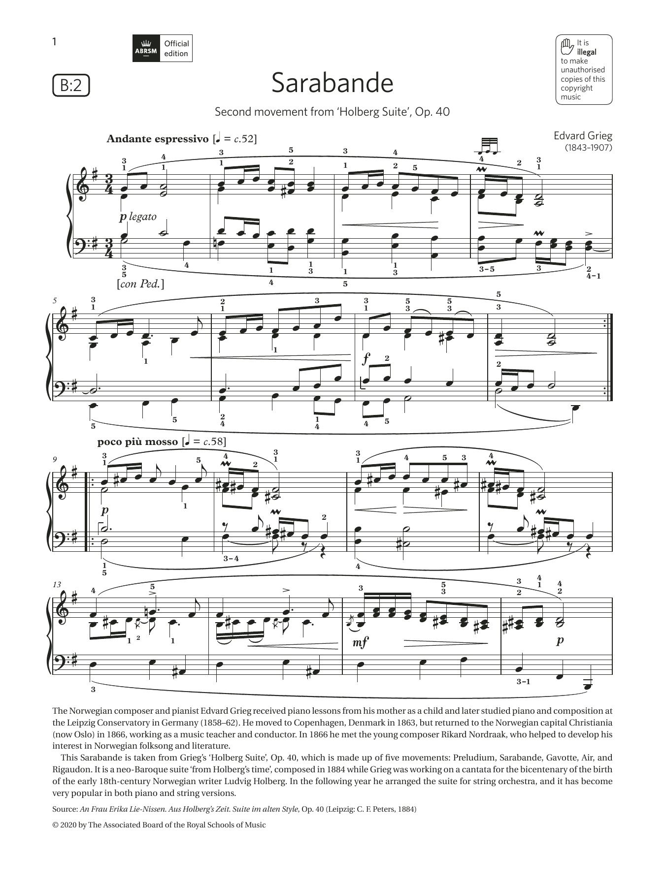 Sarabande (Grade 7, list B2, from the ABRSM Piano Syllabus 2021 & 2022) (Piano Solo) von Edvard Grieg