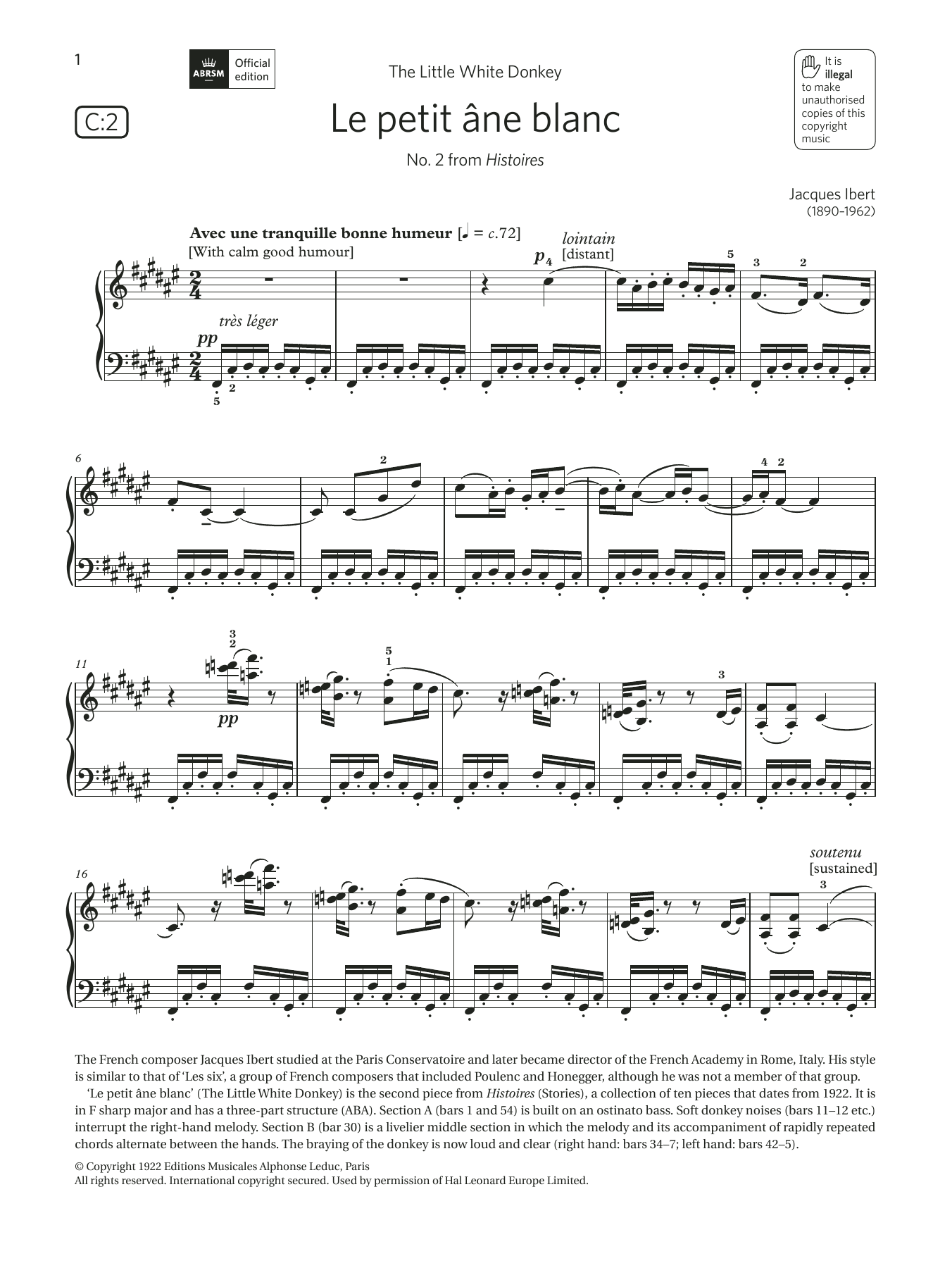 Le petit ne blanc (Grade 7, list C2, from the ABRSM Piano Syllabus 2021 & 2022) (Piano Solo) von Jacques Ibert