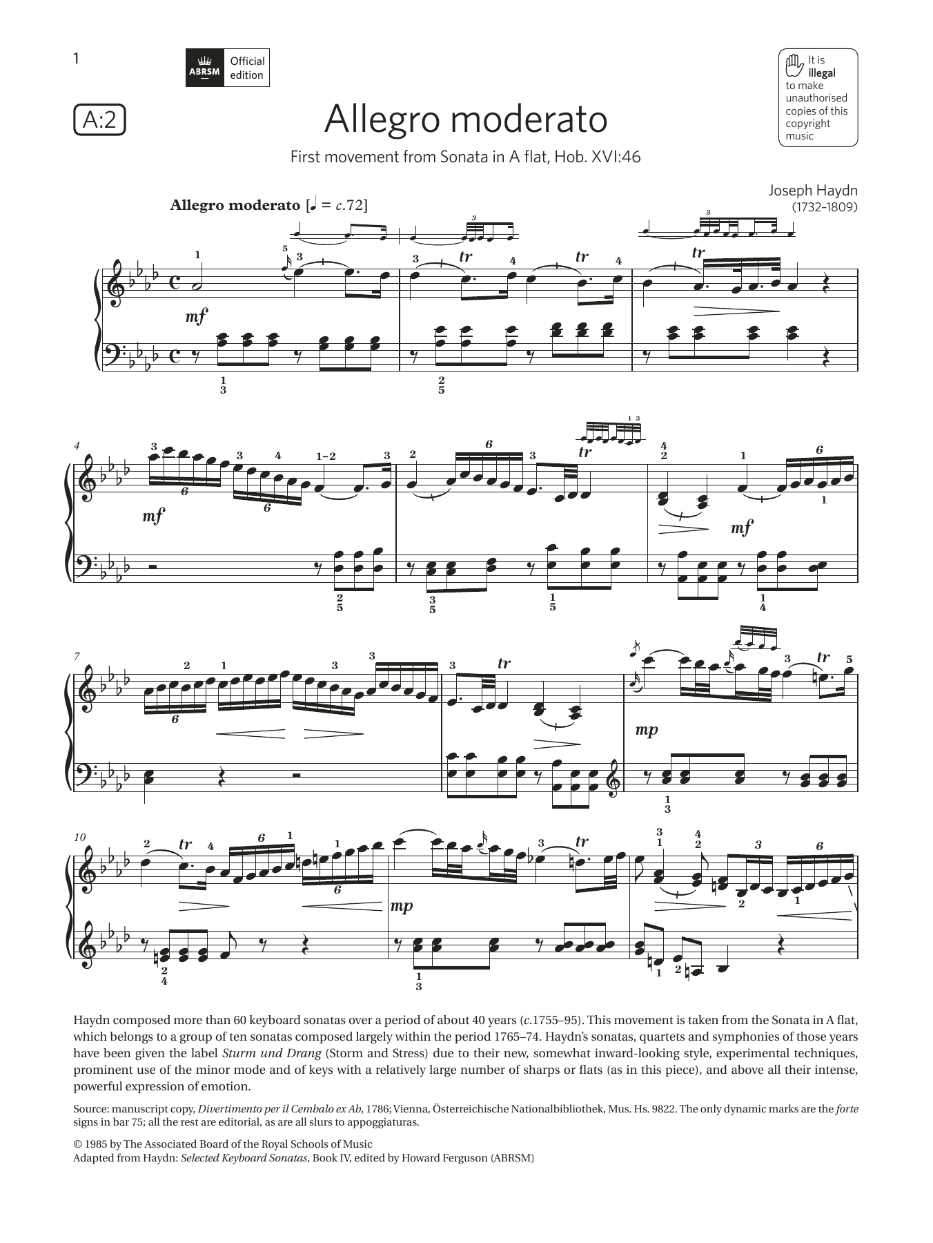 Allegro moderato (Grade 8, list A2, from the ABRSM Piano Syllabus 2021 & 2022) (Piano Solo) von Joseph Haydn