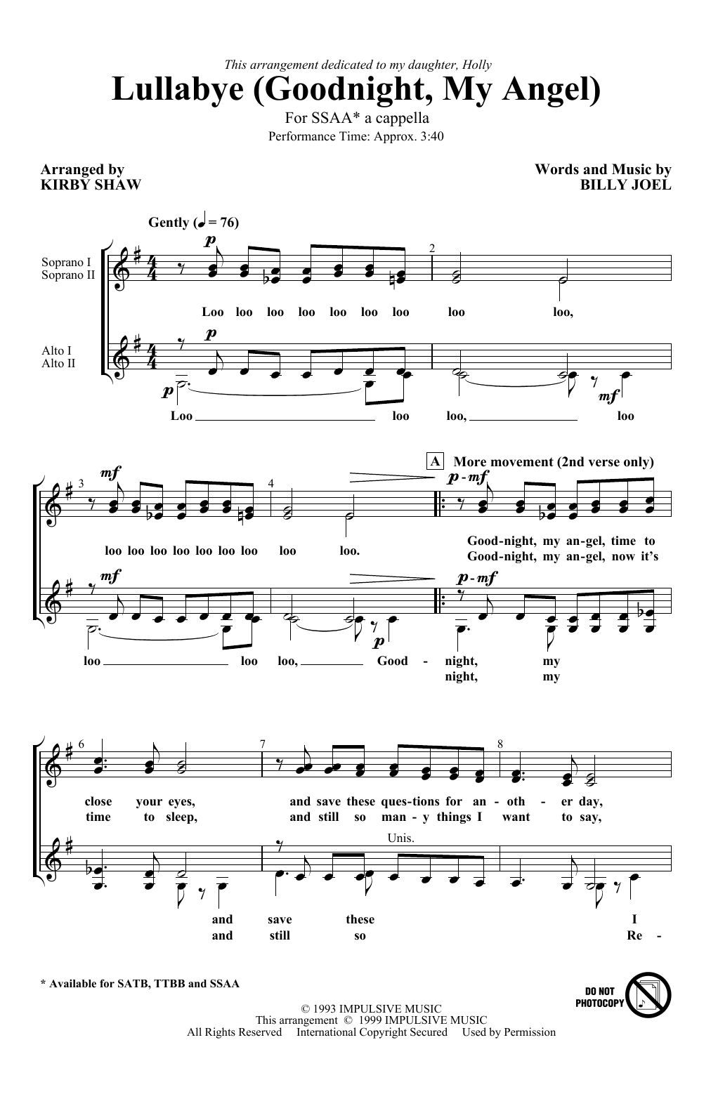 Lullabye (Goodnight, My Angel) (arr. Kirby Shaw) (SSAA Choir) von Billy Joel
