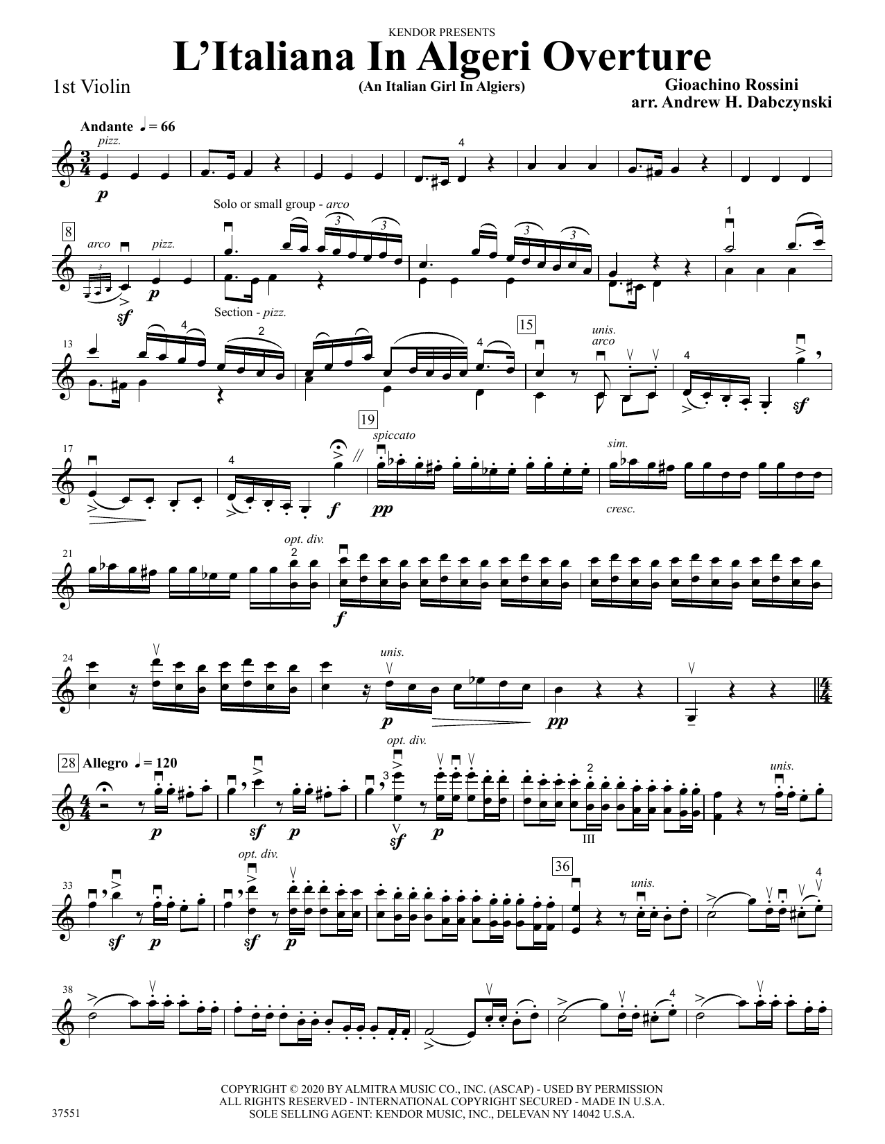 L'italiana In Algeri Overture (an Italian Girl In Algiers) (arr. Andrew Dabczynski) - 1st Violin (Orchestra) von Gioachino Rossini