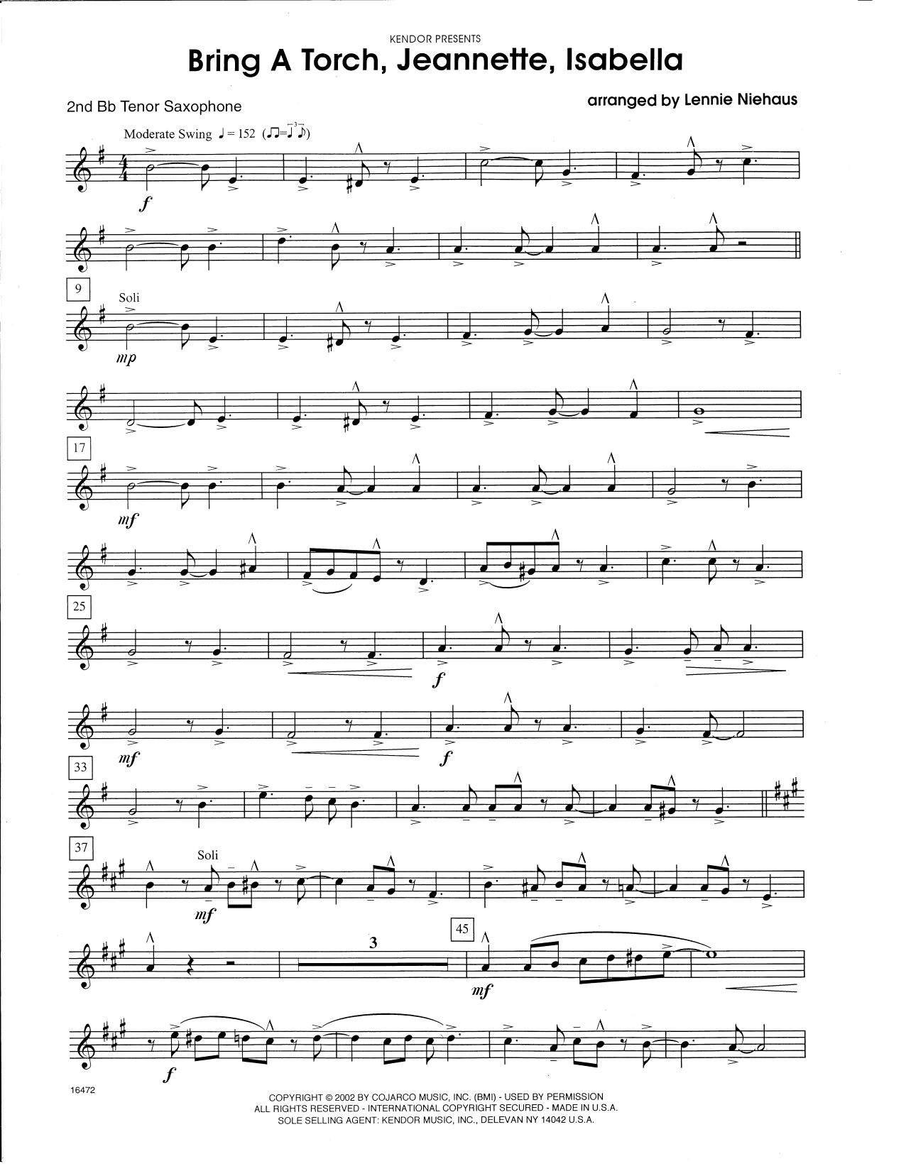 Bring a Torch, Jeannette, Isabella (arr. Lennie Niehaus) - 2nd Bb Tenor Saxophone (Woodwind Ensemble) von Traditional