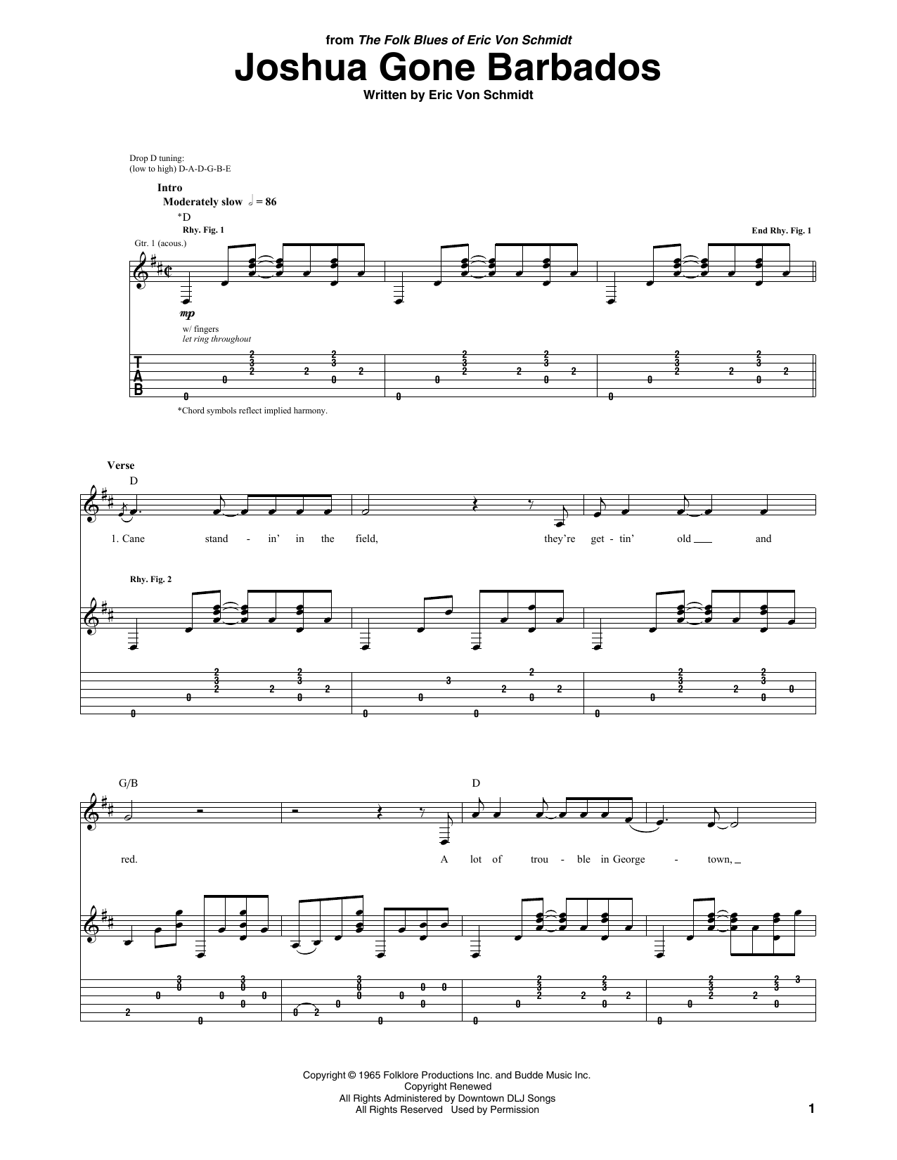 Joshua Gone Barbados (Guitar Tab) von Eric von Schmidt